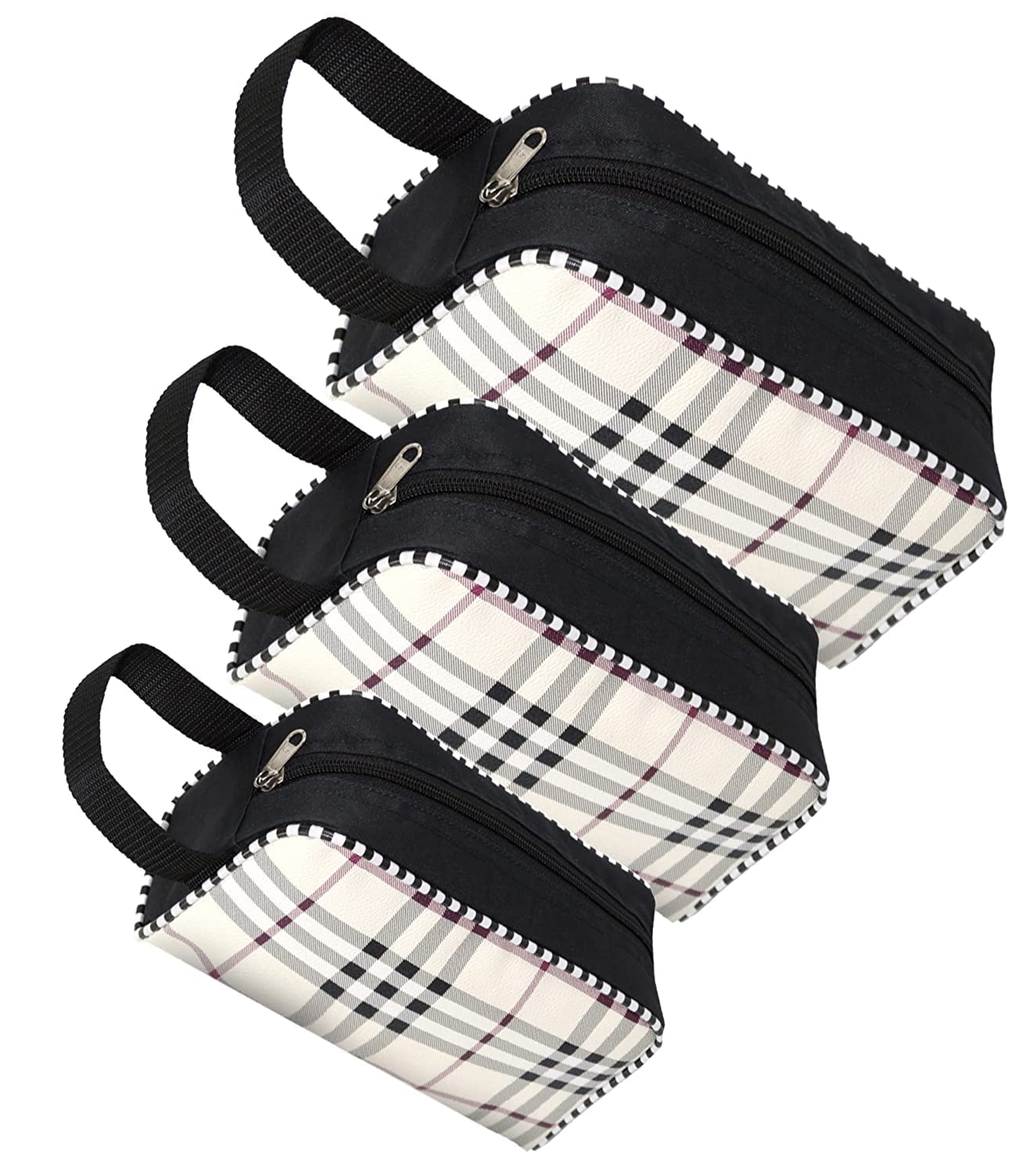 Flywind Set of 3 Waterproof Travel Toiletry Organizer Bags - Cosmetic Makeup Pouch Kit for Women & Men (Checks Print) - Perfect for Airplane, Gym, Camping & Vacation Essentials Storage