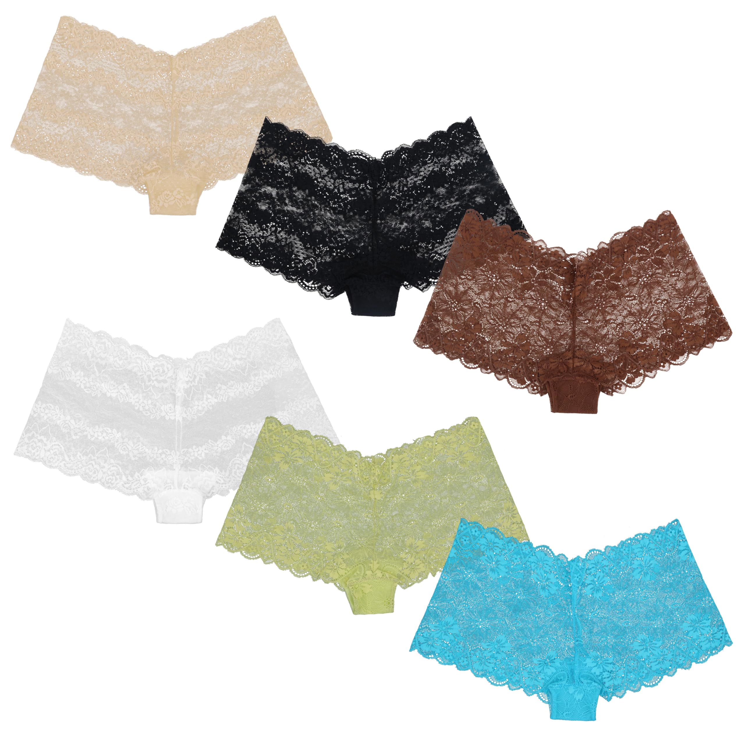 Curve Muse Women's Sheer Lace Tanga Hipster Boyshort Panties Underwear - 6 Pack Soft Comfortable Everyday Wear for Work, Sleep & Special Occasions