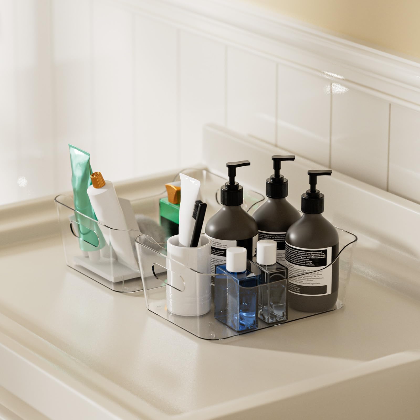 Grace Store 4PCS Clear Plastic Storage Organizers - Versatile Bathroom, Kitchen, Desk & Makeup Organizer Trays for Pantry Cabinet, Countertop & Vanity Organization