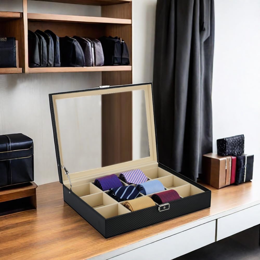 Premium Black Carbon Fiber Tie & Belt Organizer - Holds 12 Neckties, Belts & Men's Accessories | Durable Storage Case for Closet, Office & Travel | Perfect Father's Day Gift for Men
