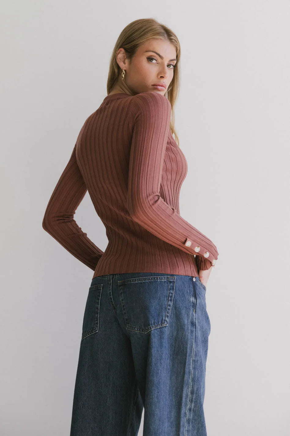 Brown Lonnie Button Sleeve Sweater for Women | Cozy Knit Cardigan | Perfect for Fall & Winter Layering | Office Wear & Casual Outfits