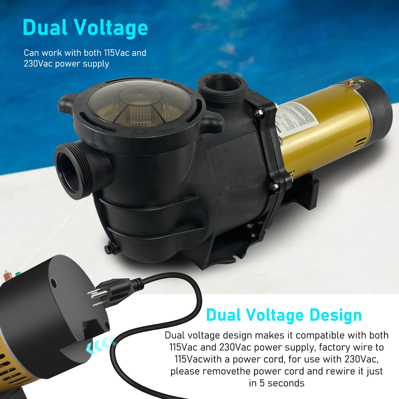 2.5HP Dual Voltage 115/230V In-Ground & Above Ground Pool Pump with 2.0