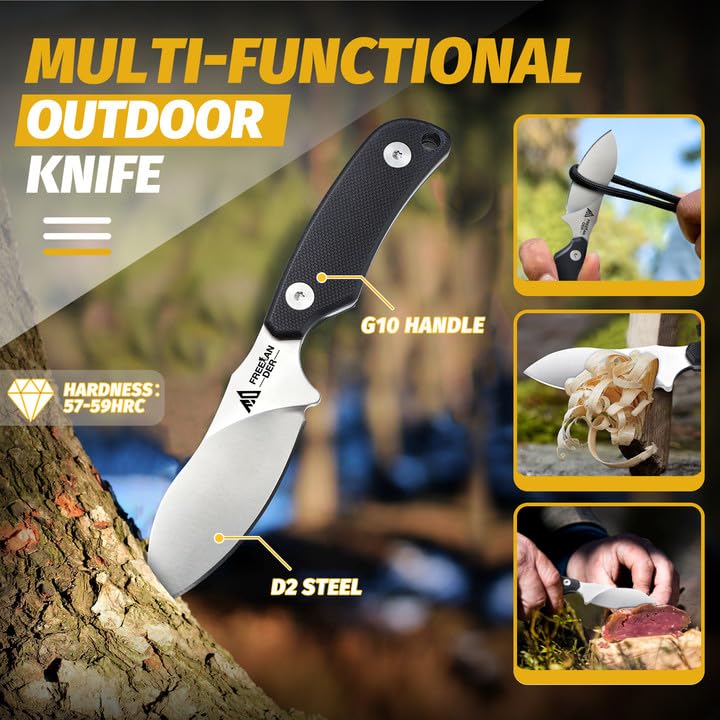 D2 Steel Neck Knife - Mini Outdoor Survival Knife with Kydex Sheath & Ball Chain, Full Tang Fixed Blade with G10 Handle - Bushcraft Hunting Knife for Camping, Hiking & Emergency Survival Gear