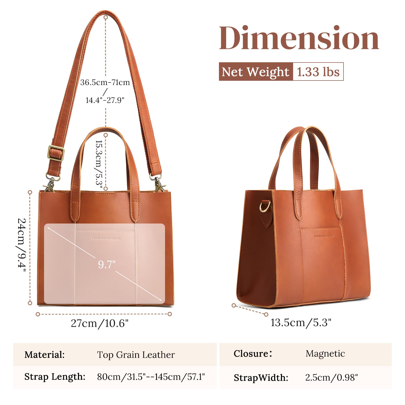 S-ZONE Women's Leather Crossbody Tote Bag - Stylish Satchel with Top Handle & Shoulder Strap - Perfect for Work, Travel & Everyday Use