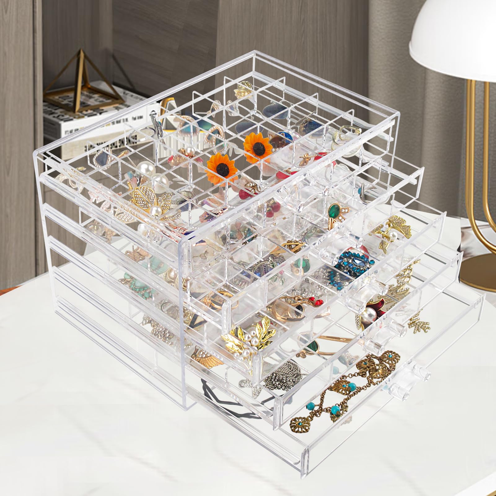5-Drawer Acrylic Jewelry Organizer Box - Clear Jewelry Storage Case for Women, Girls & Men - Perfect for Necklaces, Rings, Earrings & Bracelets Organization at Home or Travel