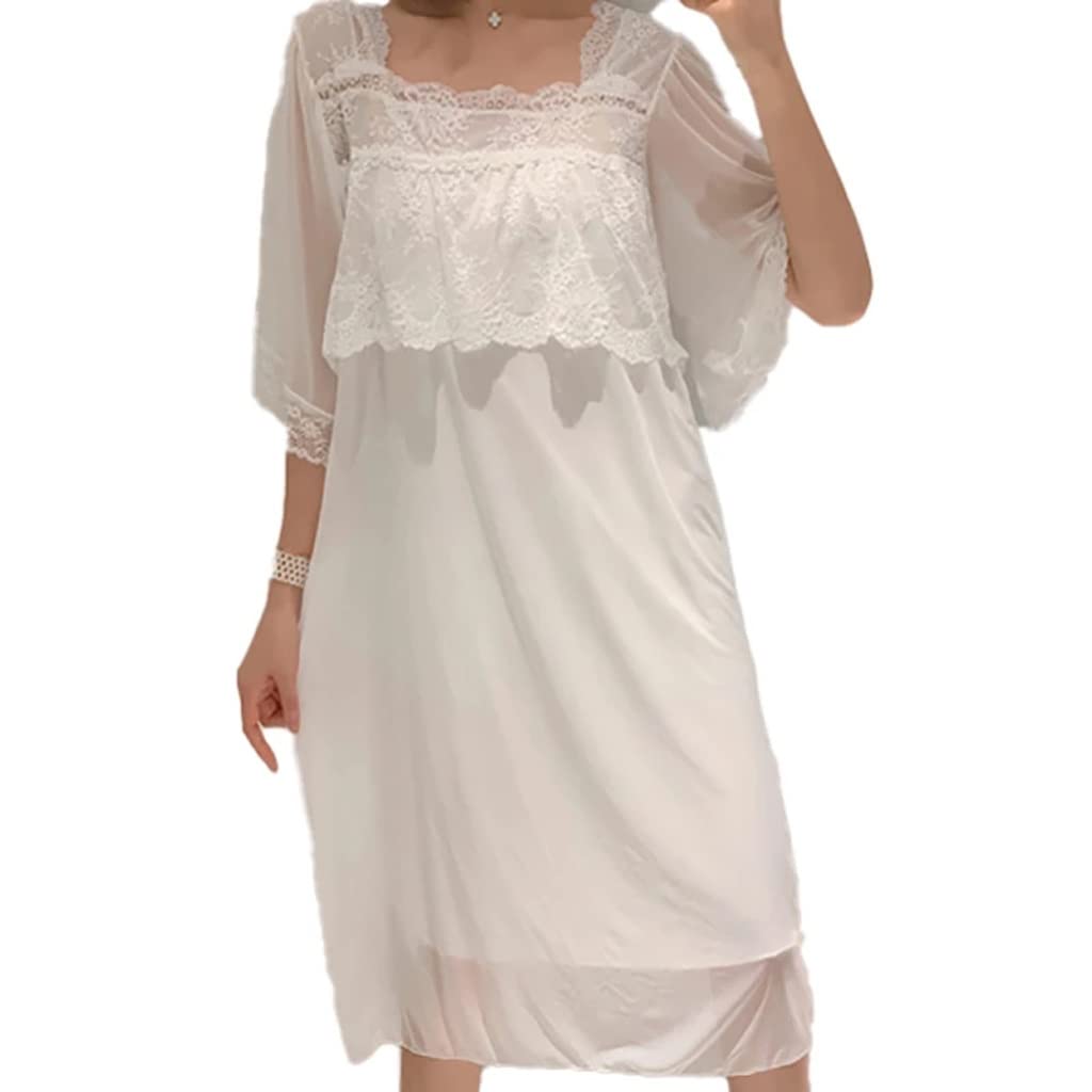Ladies Lace Short Sleeve Nightdress Pajamas - Summer & Autumn Sleepwear for Women, White Color, Size M - Perfect for Home Relaxation & Comfortable Sleep