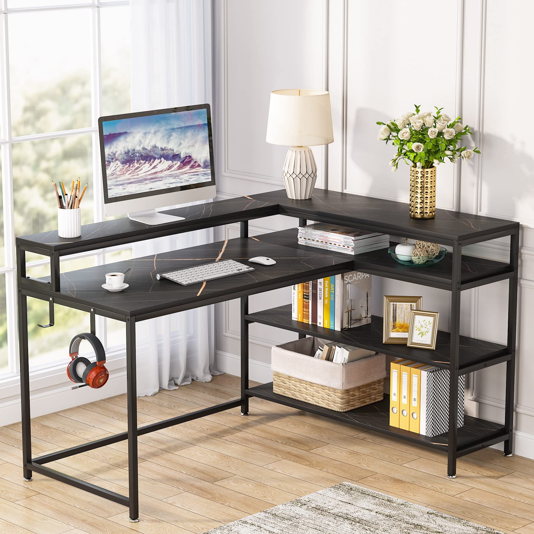 Tribesigns 53 Inch Reversible L-Shaped Computer Desk with Storage Shelf - Industrial Corner Desk with Shelves & Monitor Stand - Home Office Study Writing Table (Black Faux Marble, 53