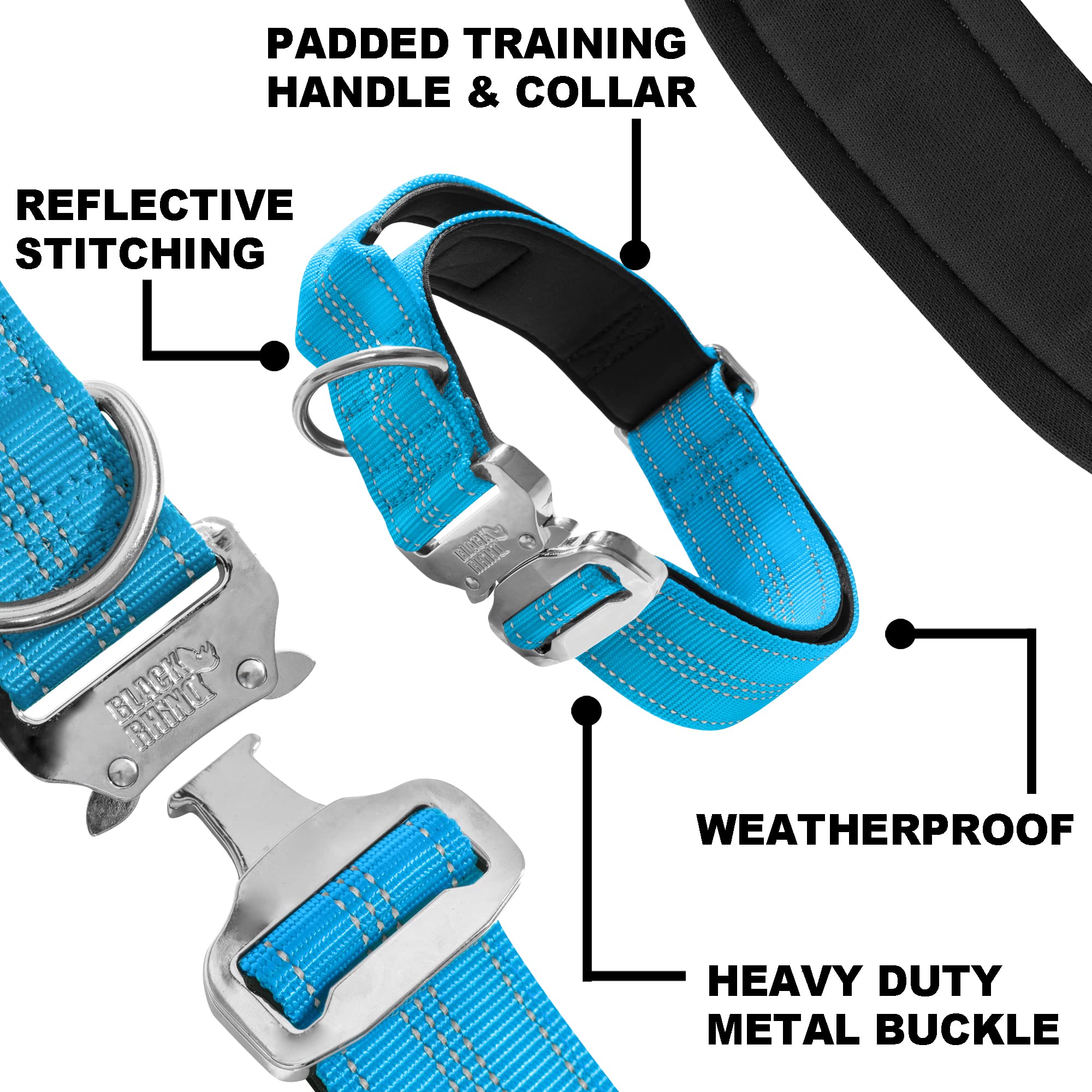 Black Rhino Tactical Dog Collar - Ultra-Soft Neoprene Padded Collar for Medium, Large & XL Dogs | Heavy Duty Metal Buckle | Padded Handle for Training | Perfect for Outdoor Adventures, Hiking & Daily Walks (Large, Sport Blue)