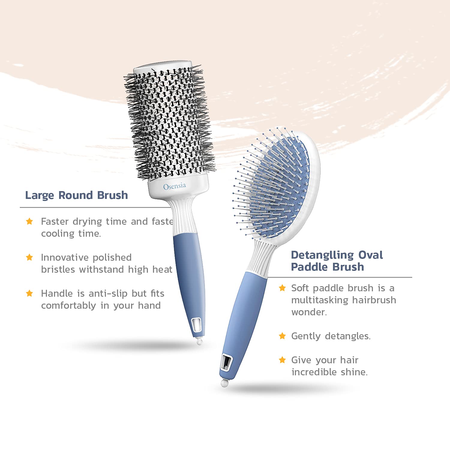 Professional Hair Brush Set for Blow Drying - Round & Oval Paddle Ionic Brushes for Thick Frizzy Hair - Lightweight 2 Inch Styling Tools for Salon & Home Use
