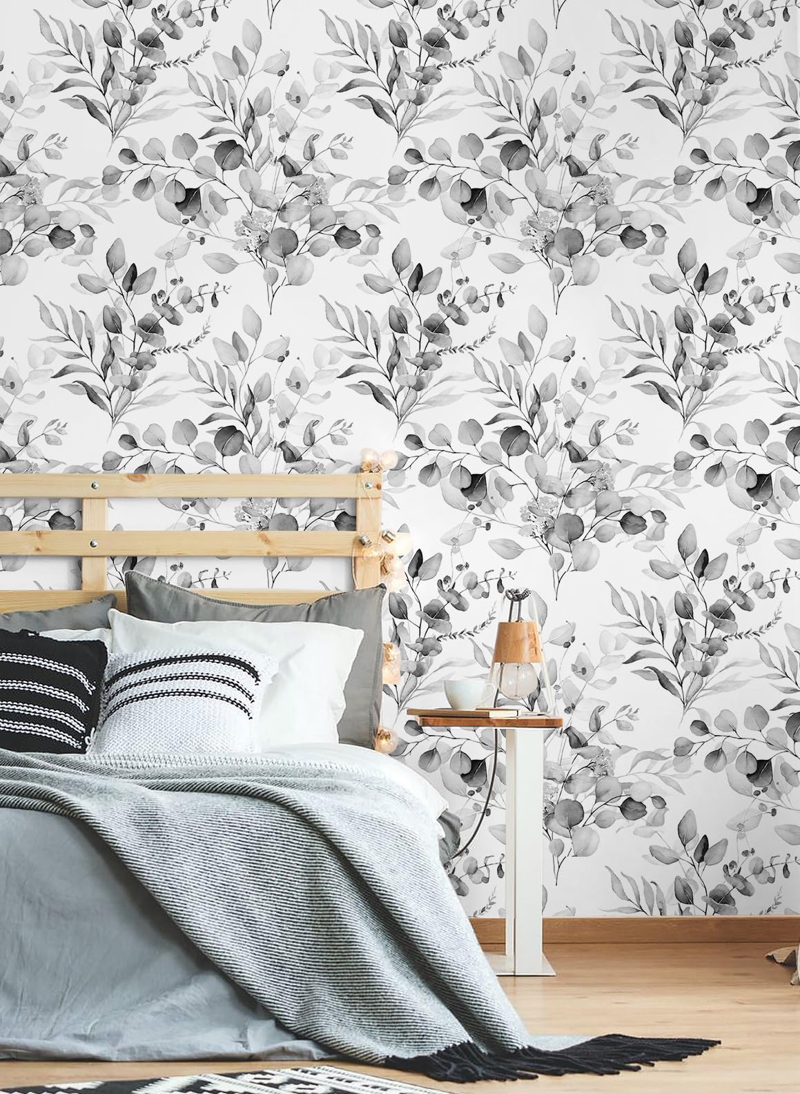 HAOKHOME Self-Adhesive Wallpaper - Boho Black Grey White Eucalyptus Leaf Floral Design, Peel and Stick Wall Mural for Home Decor, Nursery, Bedroom, 17.7in x 9.8ft - Perfect for DIY Home Renovation & Accent Walls