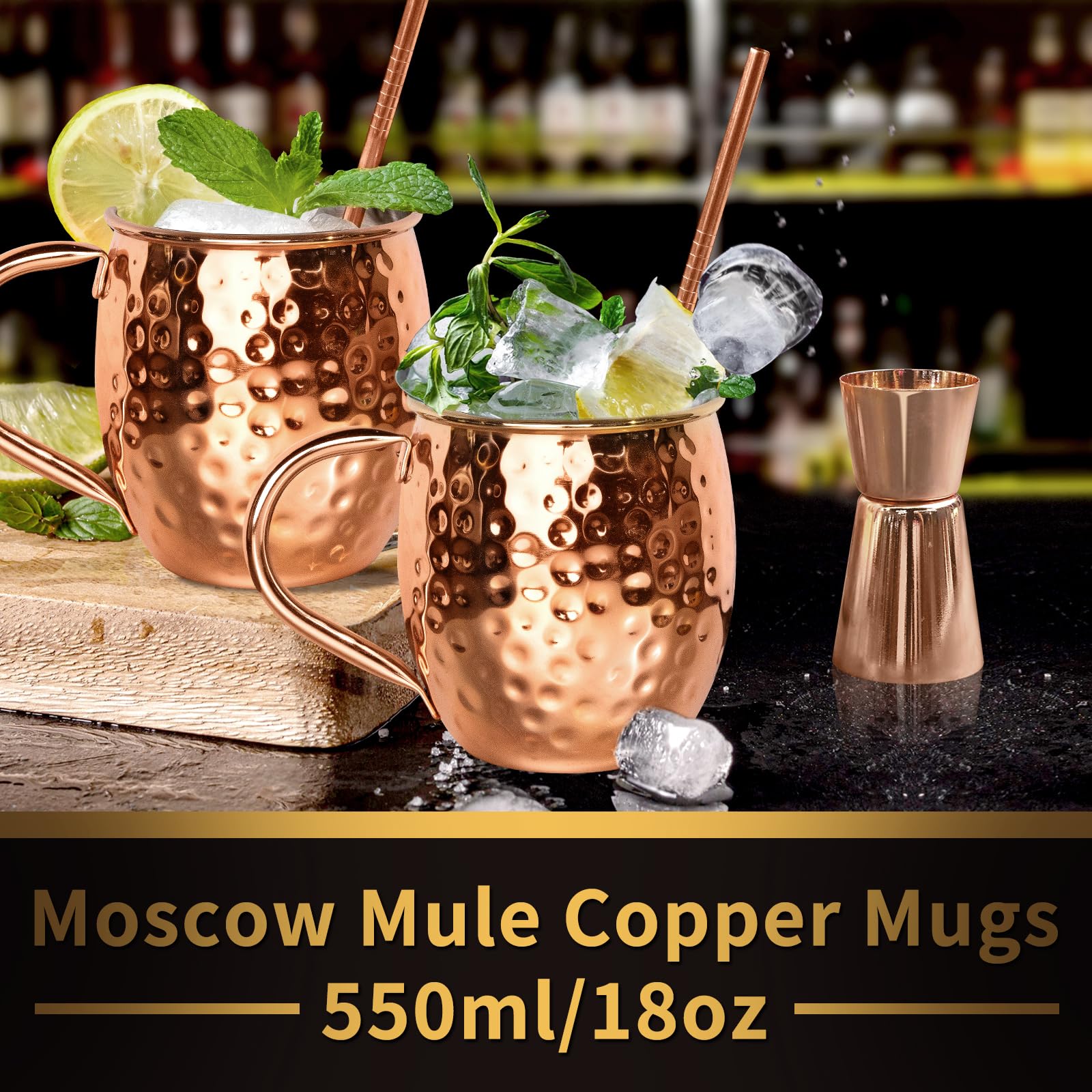 LINALL Moscow Mule Copper Mugs - Set of 2 (18oz) Copper Plated Stainless Steel Cups for Cocktails, Iced Coffee & Cold Beverages - Perfect for Parties, Bars & Home Entertaining
