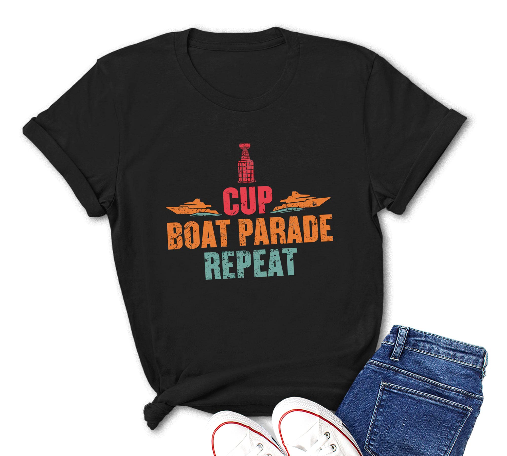 Funny Vintage Retro Boating T-Shirt for Men & Women - Hockey Fan Cup Boat Parade Repeat Design - Perfect for Casual Wear, Parties & Sports Events