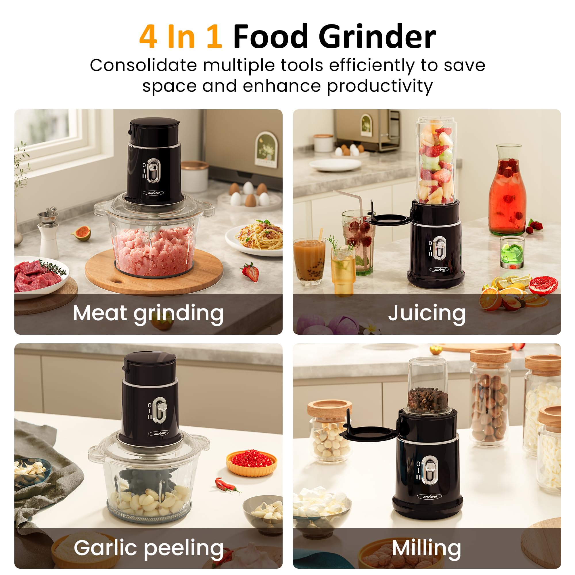 Sunvivi 4-in-1 Blender & Food Processor - 2 Speed High Power Blender with 1.5L Glass Bowl for Grinding Meat, Peeling Garlic, Juicing & Mixing - Includes 0.4L & 0.2L Travel Cups - Perfect for Smoothies, Baby Food & Meal Prep - Black