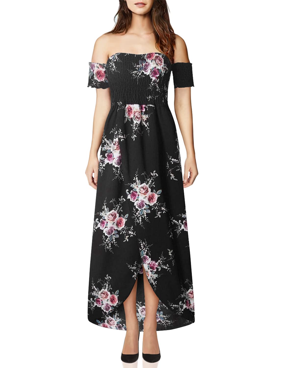 FRana Women's Long Boho Floral Print Maxi Dress - Sexy Off Shoulder Button Up Split Beach Party Dress for Summer Vacations & Outdoor Events