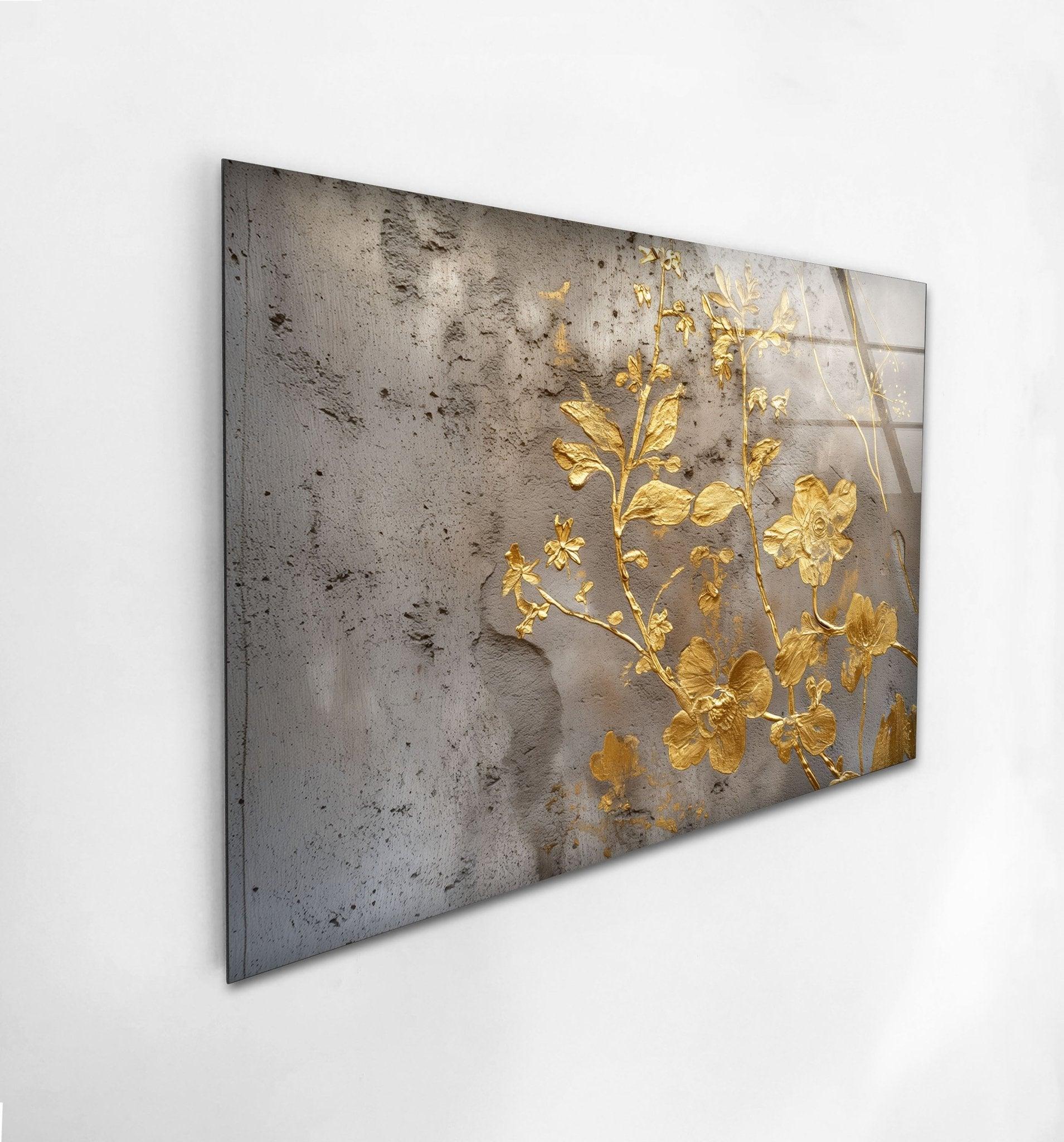 Abstract Gold Flowers Glass Wall Art - Modern Home Decor for Living Room, Bedroom, Office - Elegant Handmade Glass Painting for Wall Display