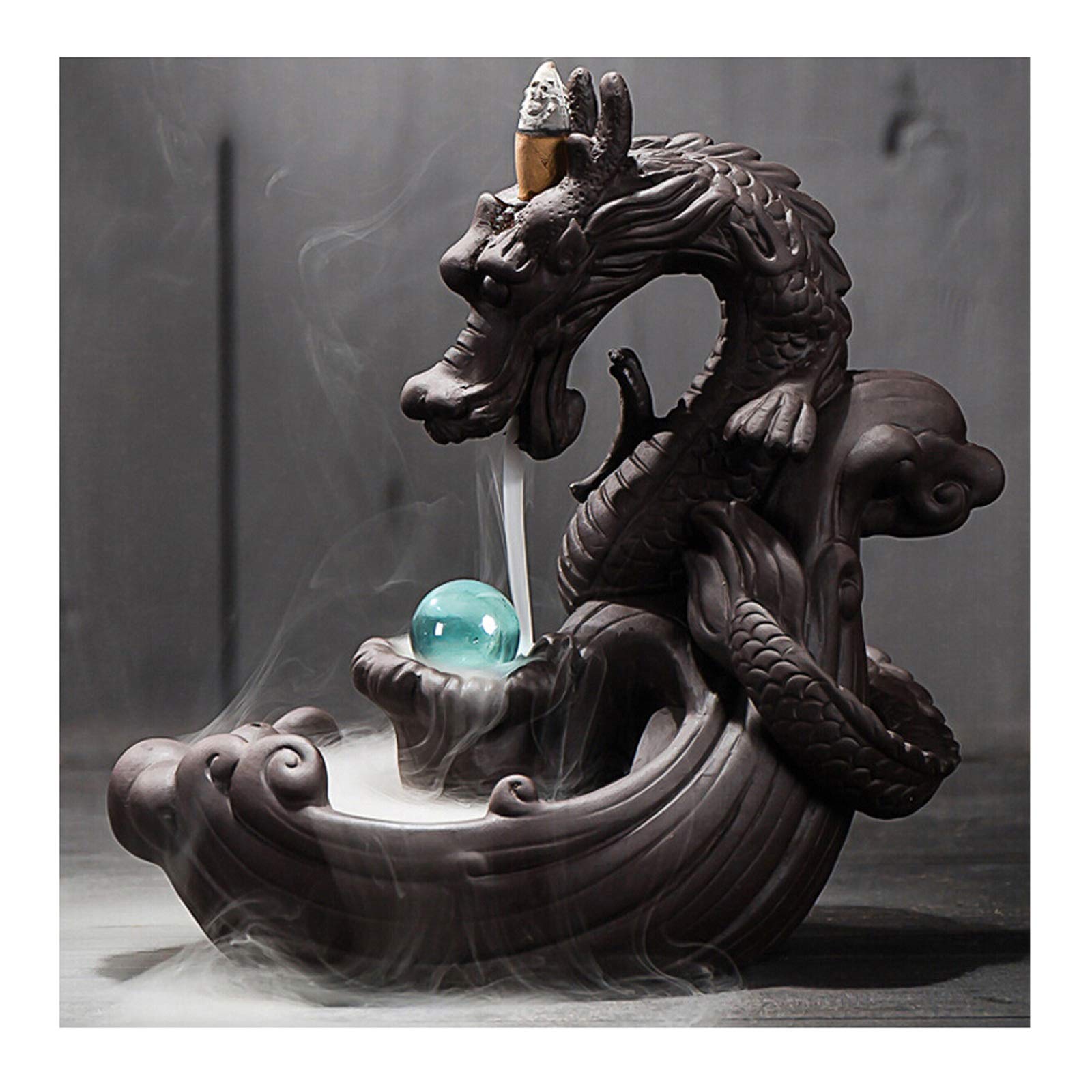 Handmade Ceramic Dragon Backflow Incense Burner with Glass Bead - Aromatherapy Gift for Home, Office, Yoga & Meditation Room Decor - Relaxing Scent Dispenser for Stress Relief and Spiritual Wellness