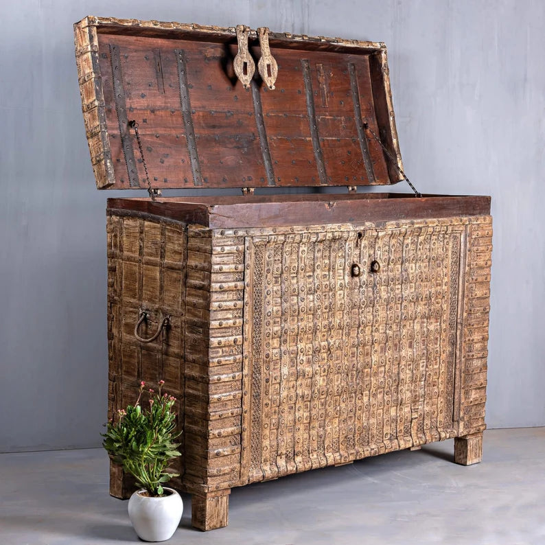 Hand Carved Antique Solid Wood Tall Trunk Storage Box - Vintage Chest for Bedroom, Living Room & Entryway Organization