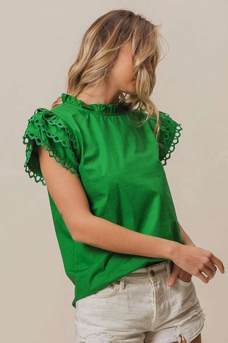 BiBi Solid Woven Circle Trim Ruffle Top Women's Fashion Blouse | Perfect for Casual Outings, Date Nights & Summer Vacations