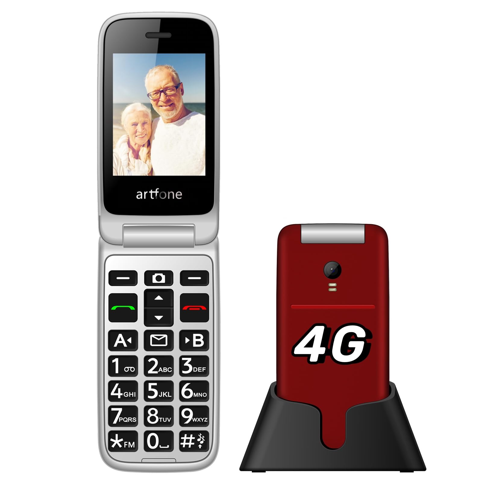 4G Unlocked Foldable Flip Phone for Seniors - SOS Emergency Button, Camera, FM Radio, Flashlight & Charging Dock - Simple Basic Mobile Phone for Elderly (Red) - Perfect for Emergency Calls, Outdoor Activities & Daily Communication