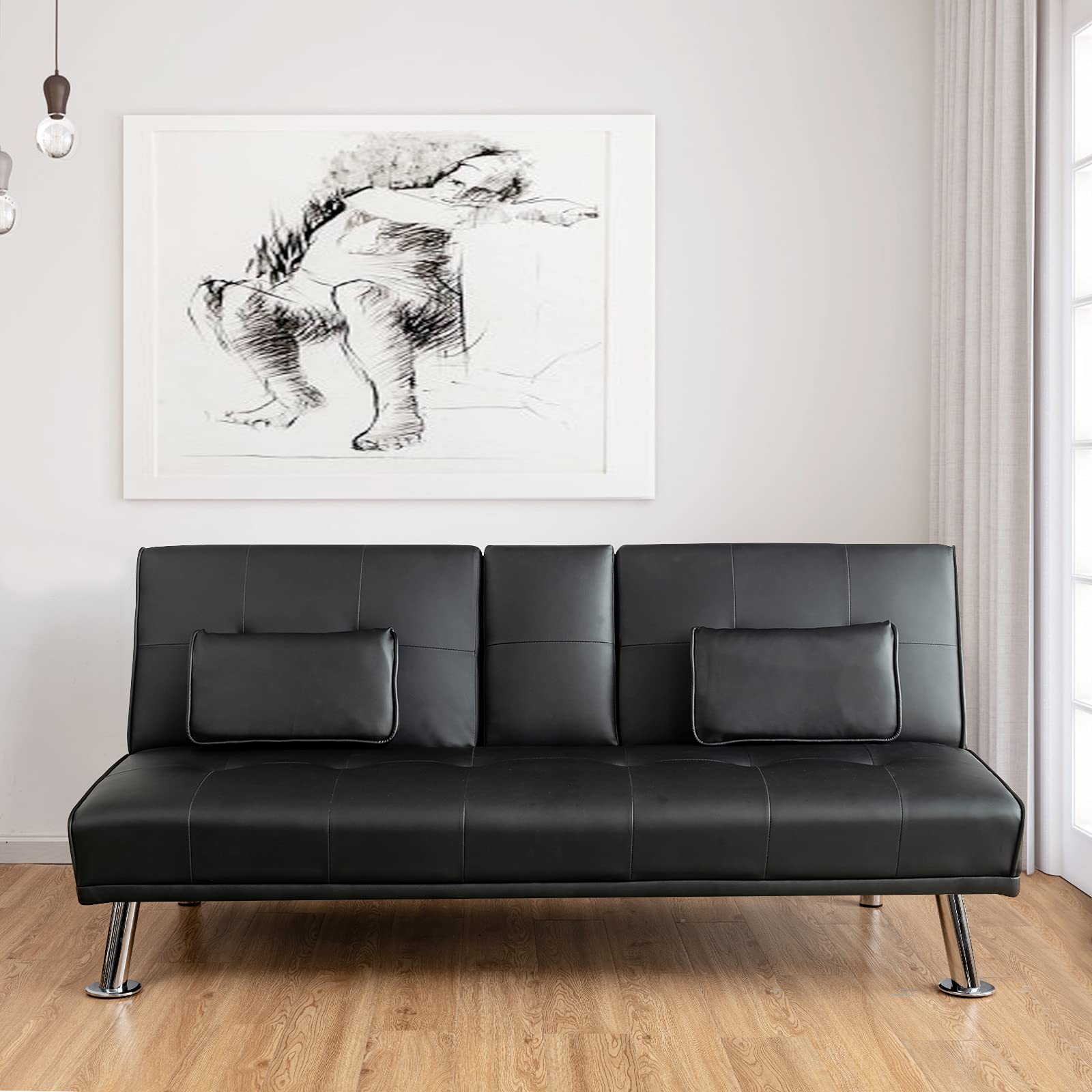 Powerstone Convertible Leather Futon Sofa Bed - Foldable Sleeper Couch for Small Spaces, Living Room Sectional with Cup Holder & Removable Armrests (Black) - Perfect for Apartments, Guest Rooms & Home Offices