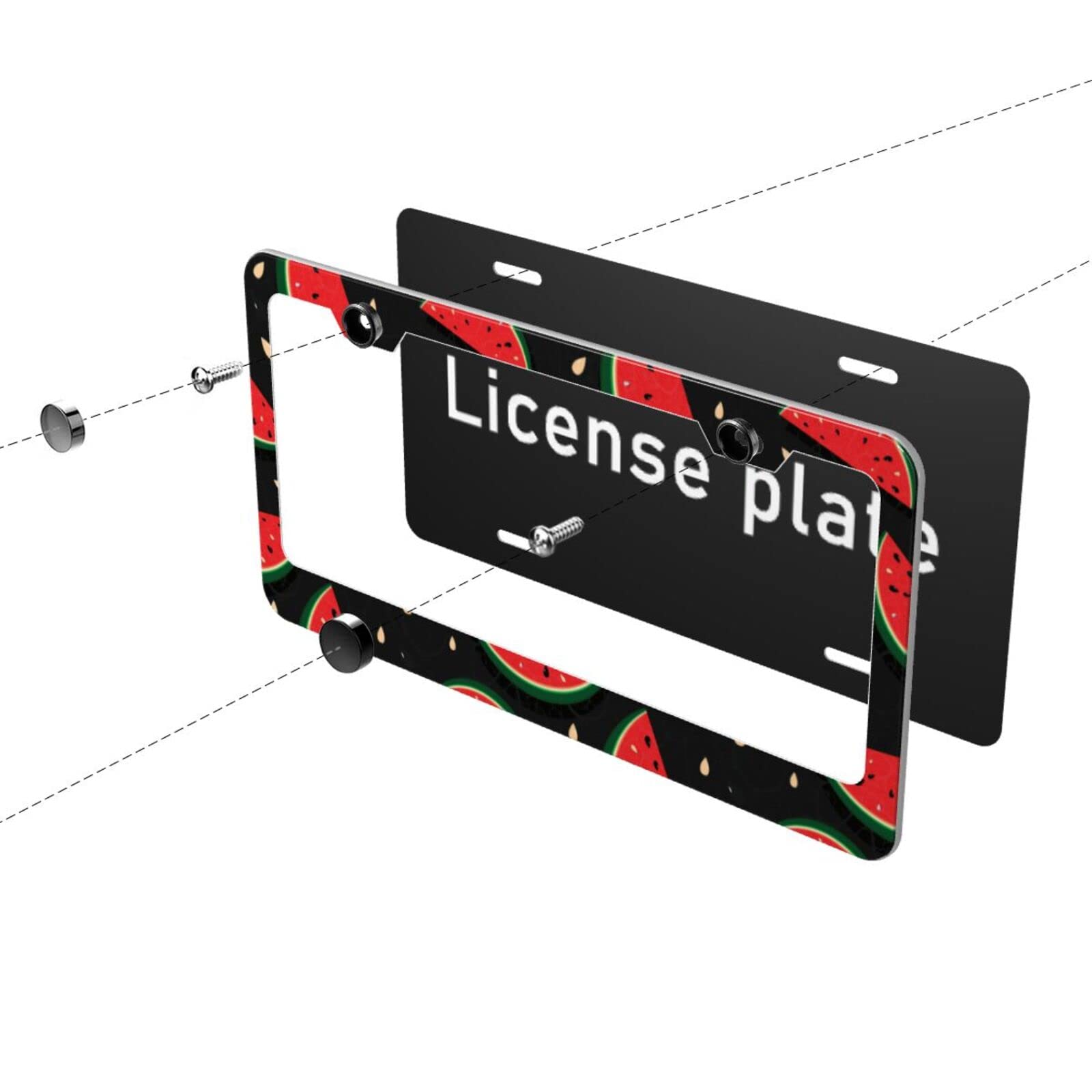 2pcs Matte Aluminum License Plate Frames with Black Screw Caps - Watermelon Fresh Slices Design, 2 Hole US Car License Plate Covers for Men & Women - Perfect for Customizing Your Vehicle's Look