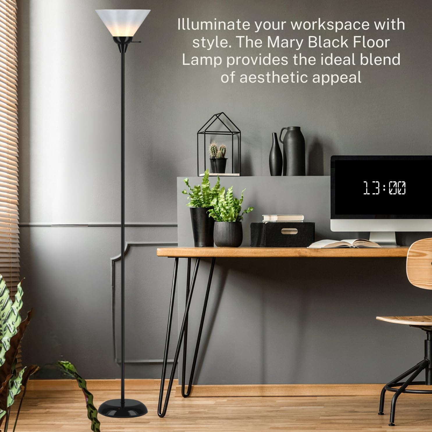 LIGHTACCENTS Modern Black Floor Lamp with Opal White Plastic Cone Shade - Perfect for Living Room, Bedroom & Office Lighting Decor