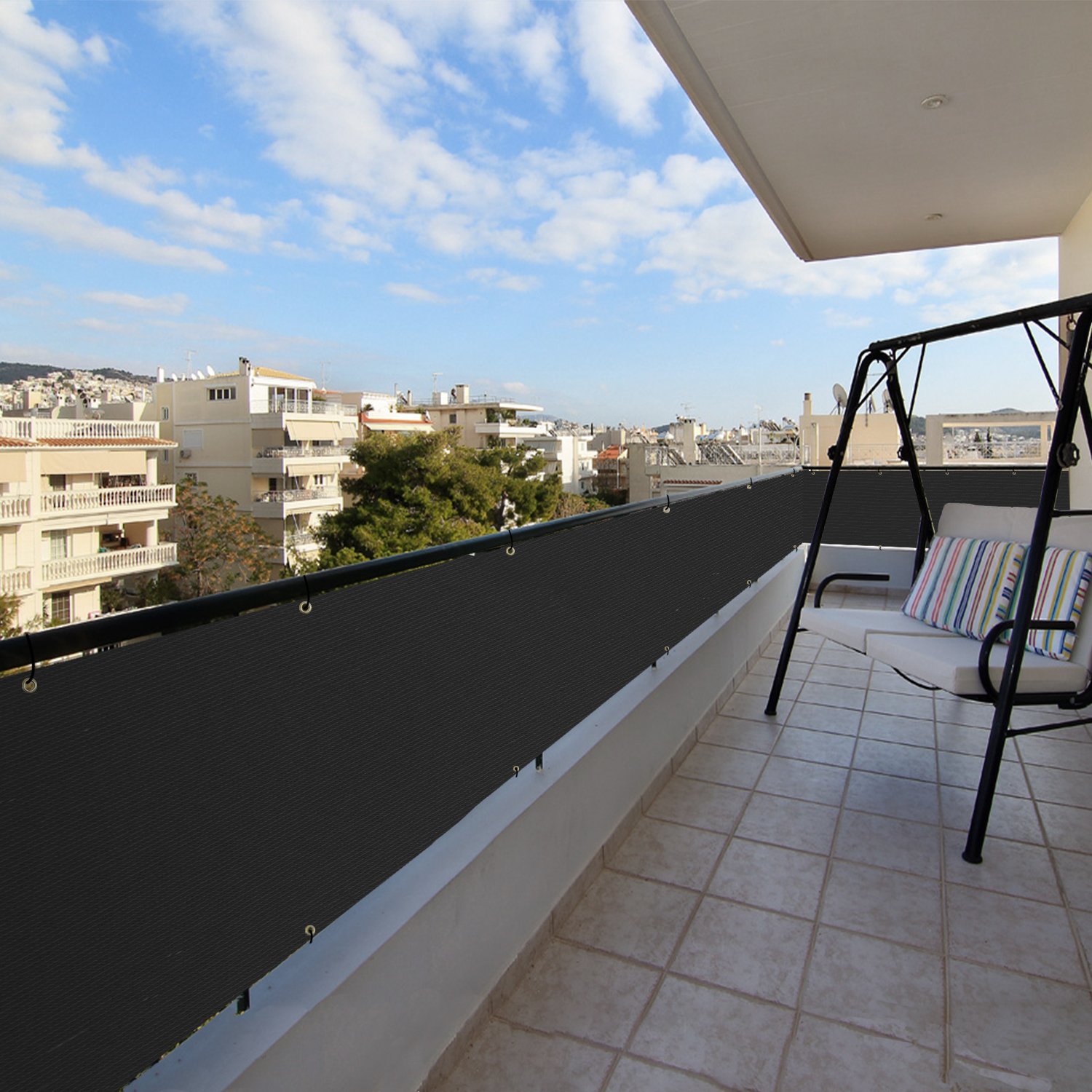 3' x 110' Black Balcony Privacy Screen & Outdoor Fence Panels - Apartment Railing Covers, Temporary Porch Deck Backyard Net Mesh with Zip Ties - Perfect for Patio Privacy, Garden Protection & Outdoor Space Division