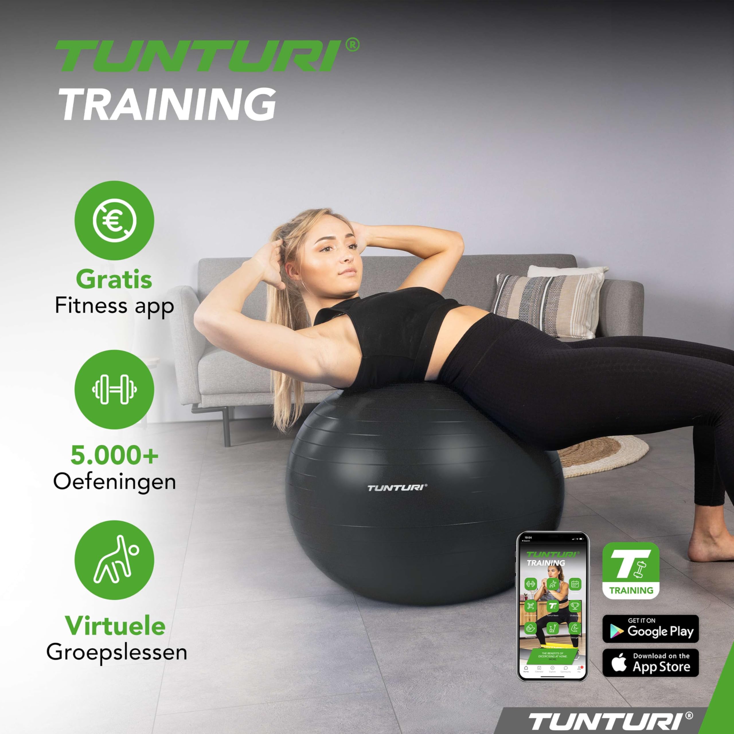 Tunturi Premium Anti-Burst Yoga Ball for Home Gym, Pilates, Workouts & Balance Training – 65cm/75cm Fitness Stability Ball with Pump & Guide