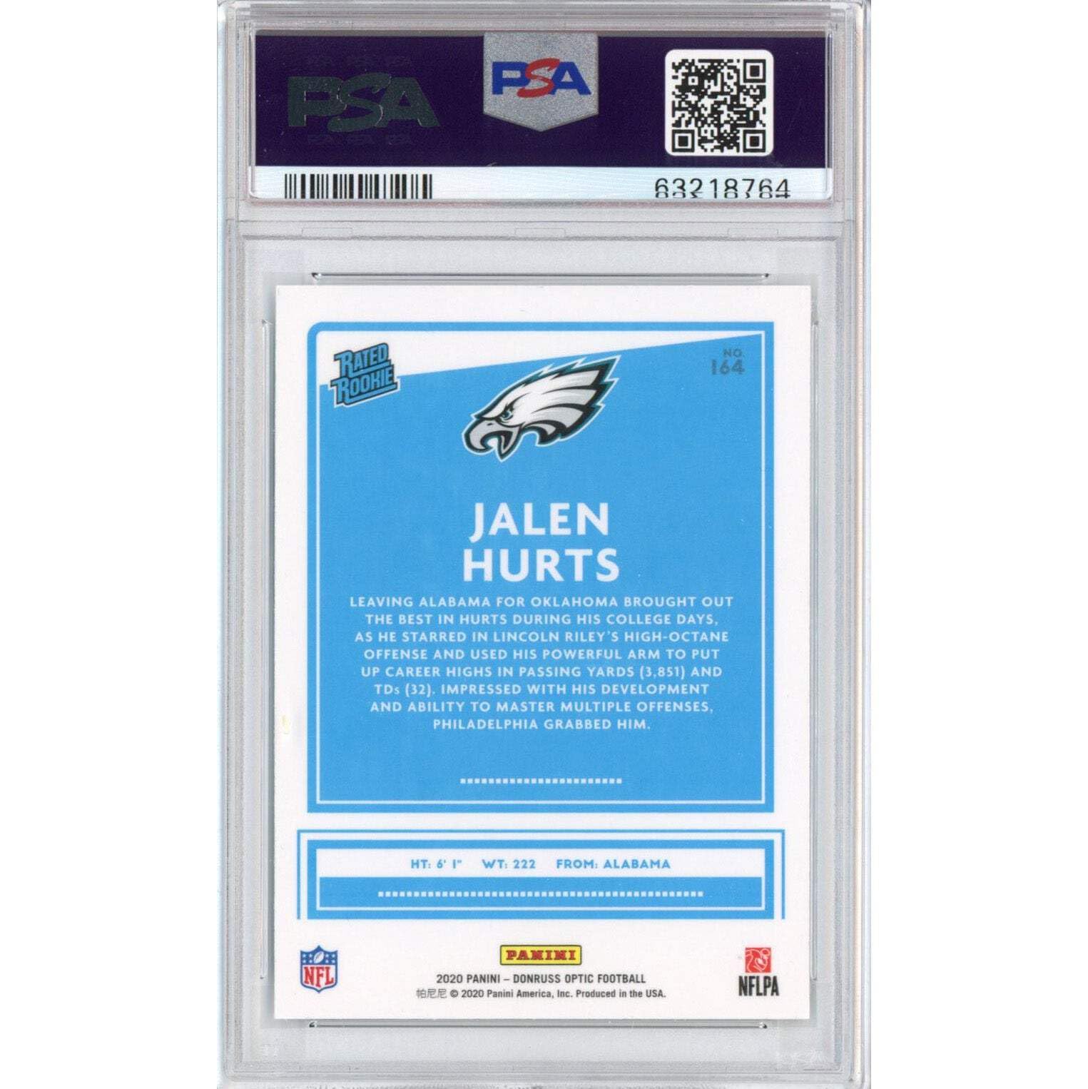 2020 Panini Donruss Optic Jalen Hurts #164 Rookie RC PSA 10 Gem Mint Football Card - Perfect for NFL Collectors, Sports Memorabilia Enthusiasts & Investment Portfolio