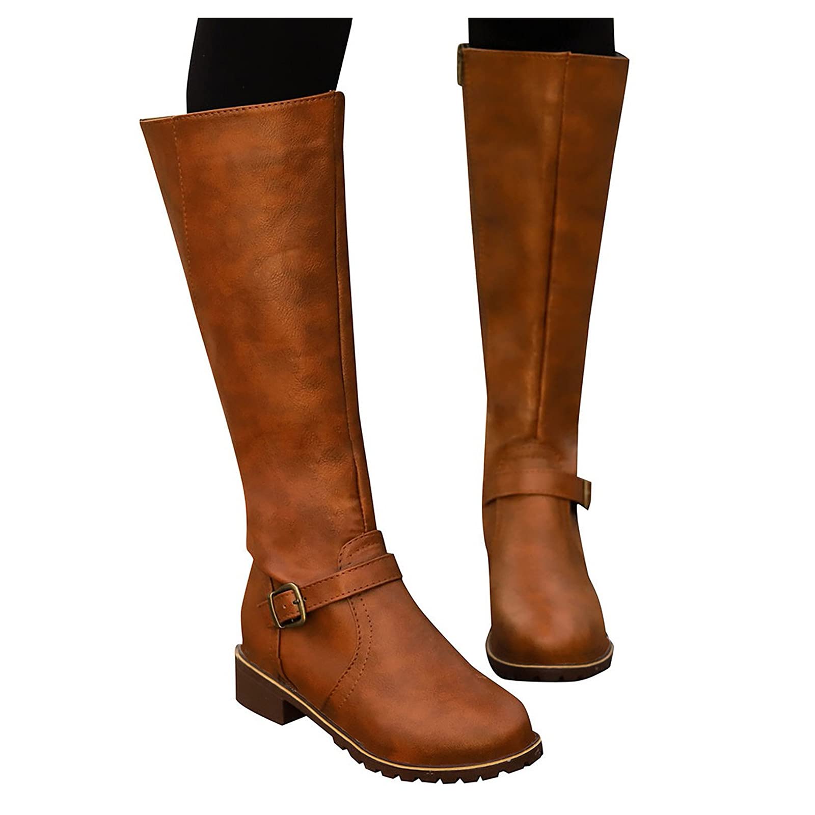 Women's Vintage Leather Work Boots with Zipper - Warm Hiking Shoes for Outdoor Activities, Round Toe Heeled Boots - Perfect Golf Gifts for Her