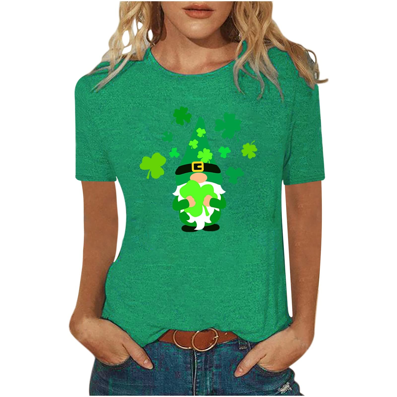 St. Patrick's Day Women's Tops - Cute Gnome Graphic Printed Short Sleeve Tee for Mom | Fun Holiday Party Outfit & Casual Spring Wear