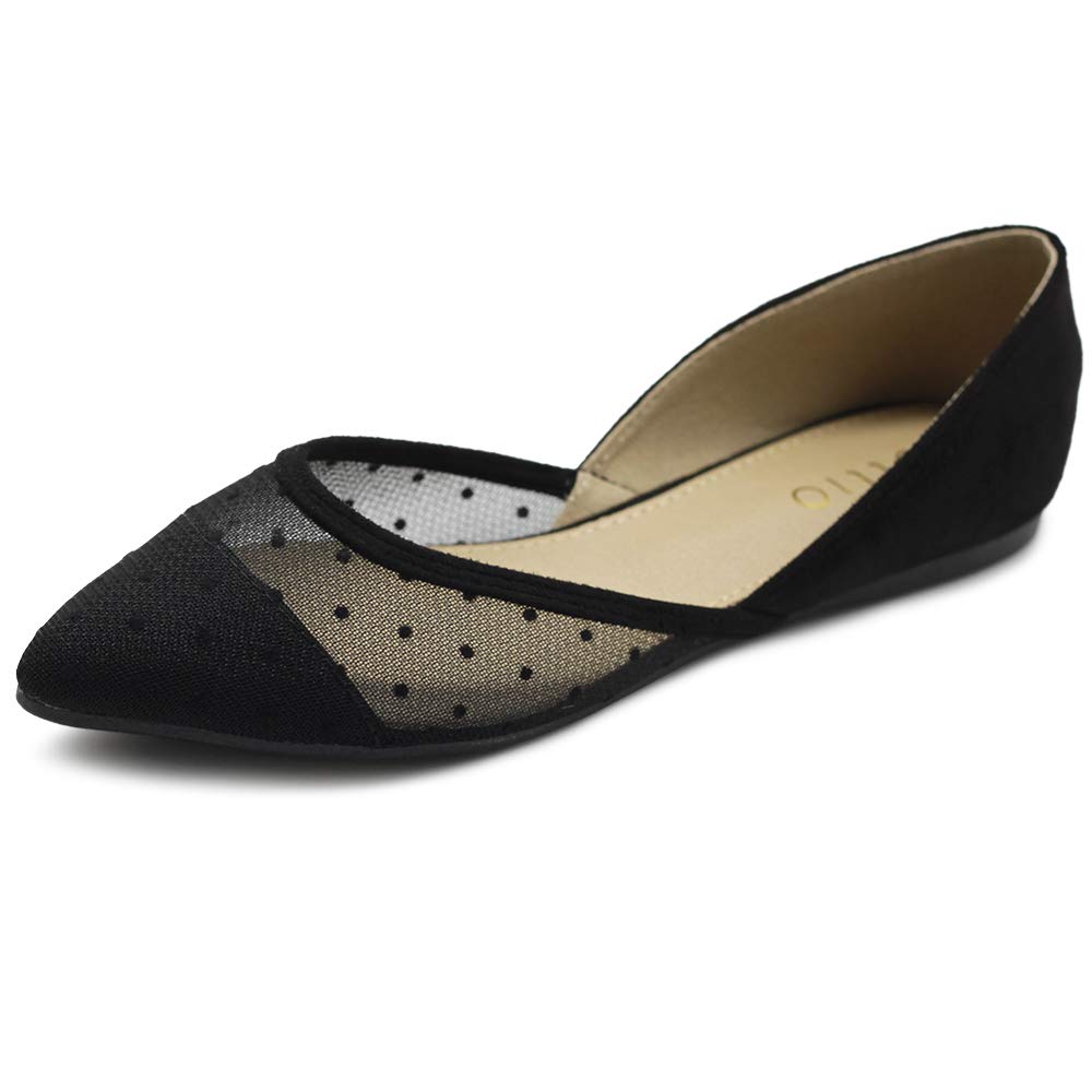 Ollio Women's Ballet Flats - Faux Suede Floral Mesh Lace Pointed Toe Comfortable Breathable Shoes for Work, Party & Casual Wear