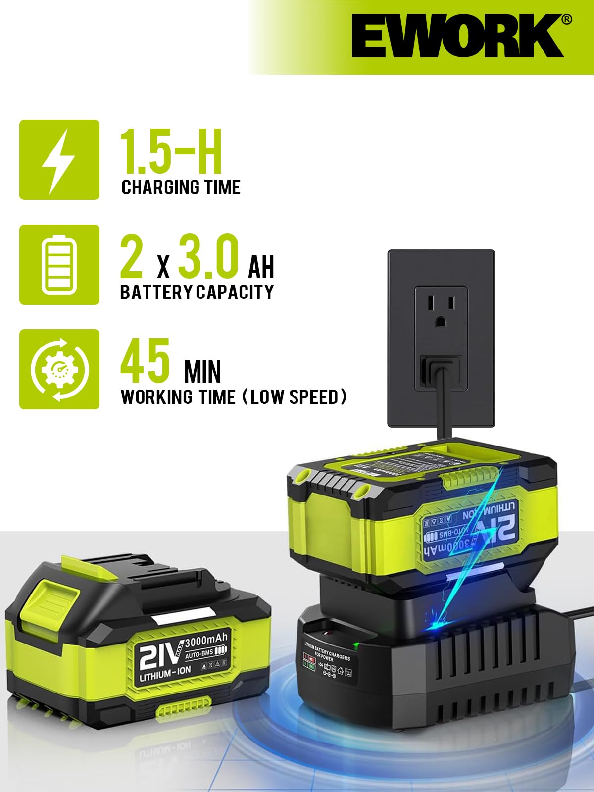 EWORK 21V Cordless Leaf Blower with 2x 3.0Ah Batteries & Fast Charger | Variable Speed & Turbo Mode | Lightweight Battery-Powered Leaf Blower for Lawn Care, Yard Cleanup, Patio, Driveway & Garden Maintenance