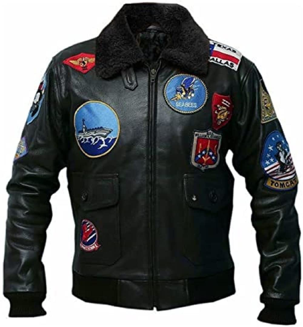 Top Gun Maverick Captain Pete Mitchell Bomber Black Leather Jacket for Men - Movie Inspired Biker Jacket for Halloween, Cosplay & Motorcycle Riding