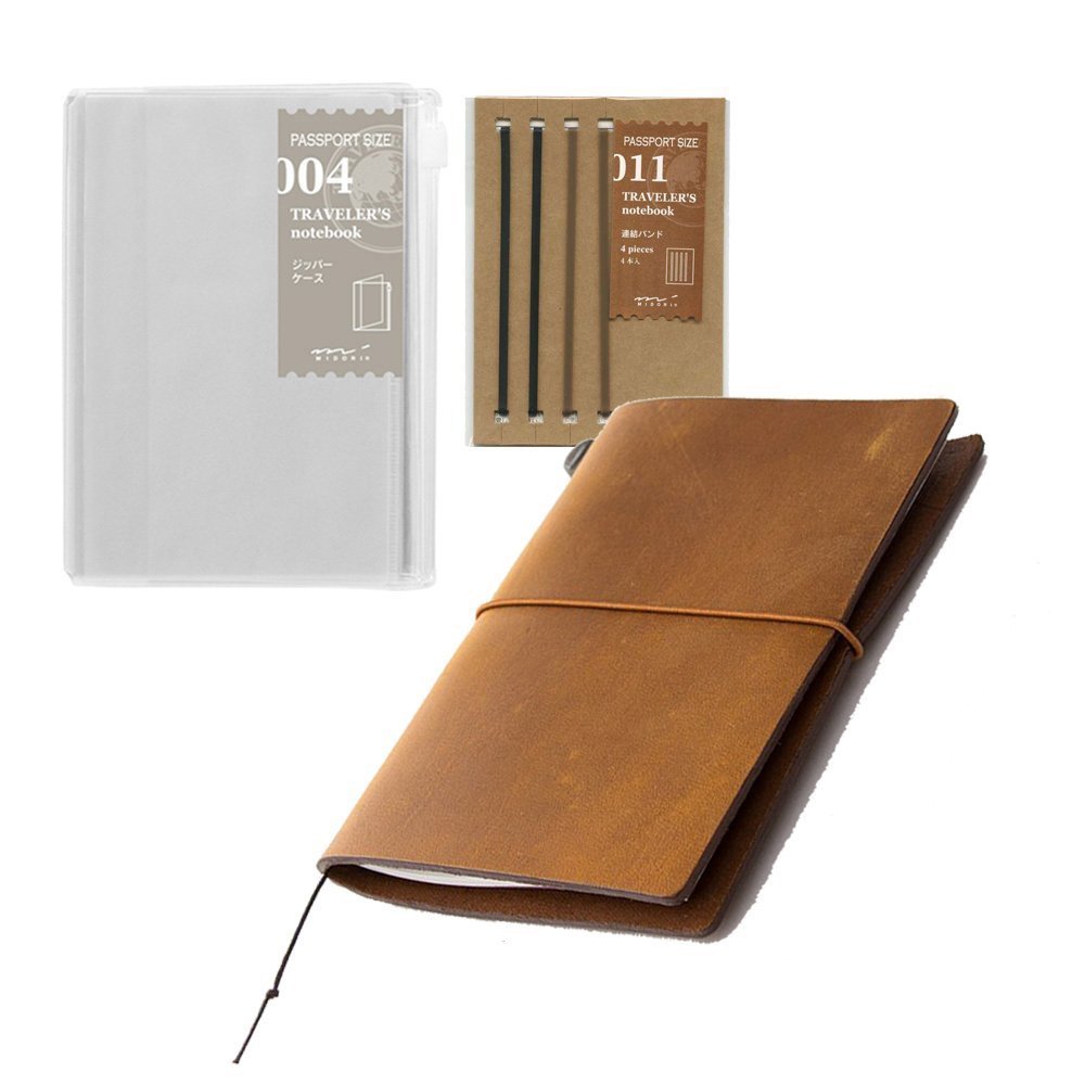 Premium Midori Traveler's Notebook Leather Bundle Set - Passport Size Camel Brown, Refillable Notebook with Rubber Band & Clear Zipper Case | Perfect for Journaling, Travel Scrapbooking & Daily Planner Organization