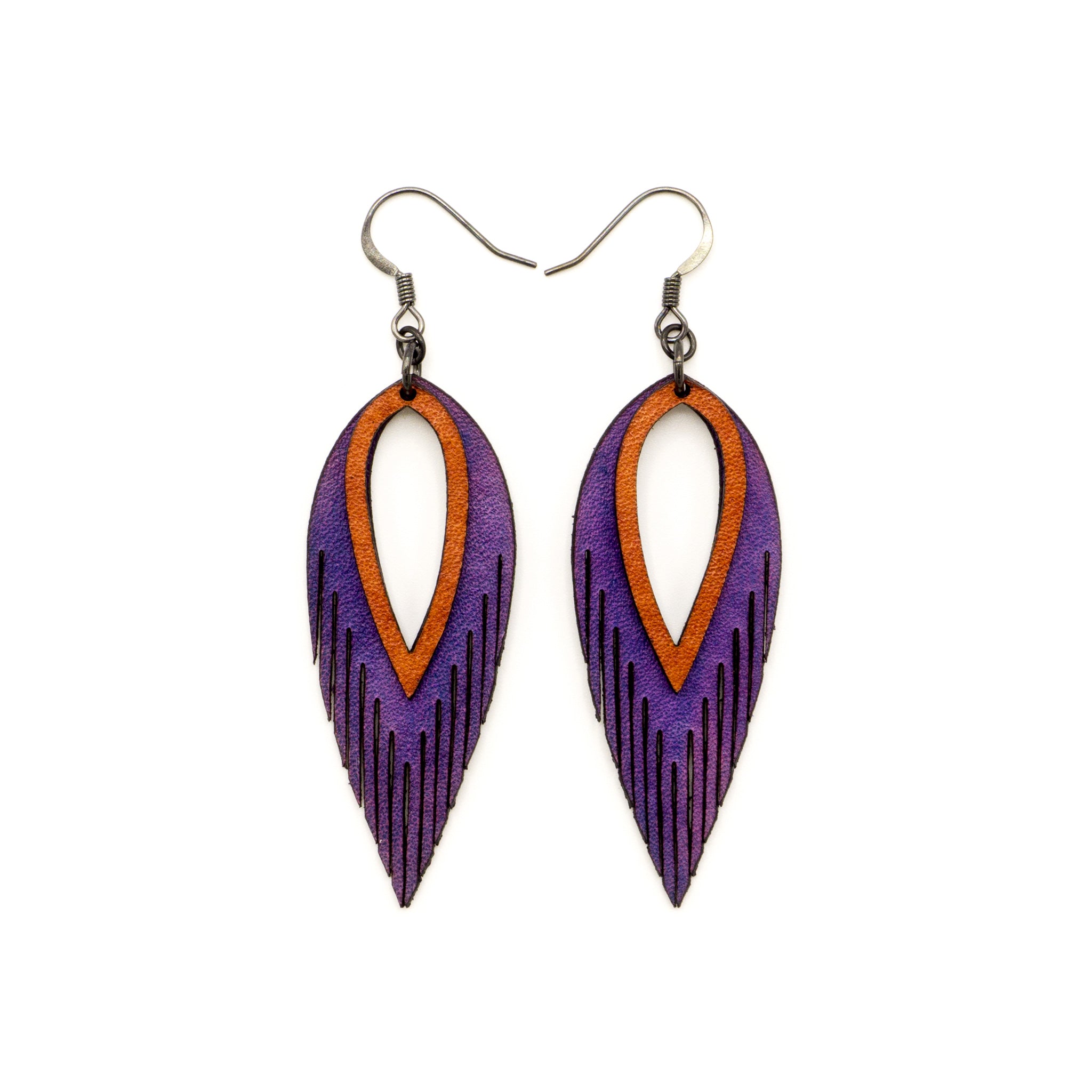 Nativas 2 Layer Genuine Leather Earrings for Women - Purple & Red Handmade Dangle Earrings | Perfect for Boho, Casual, and Party Outfits