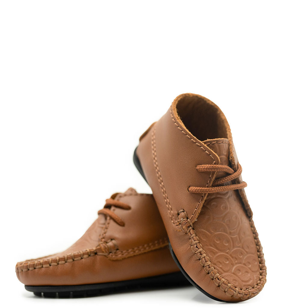 Atlanta Moccasin Luggage Smiley Baby Booties - Soft Leather Infant Shoes for Boys & Girls - Perfect for First Steps, Photo Shoots & Special Occasions