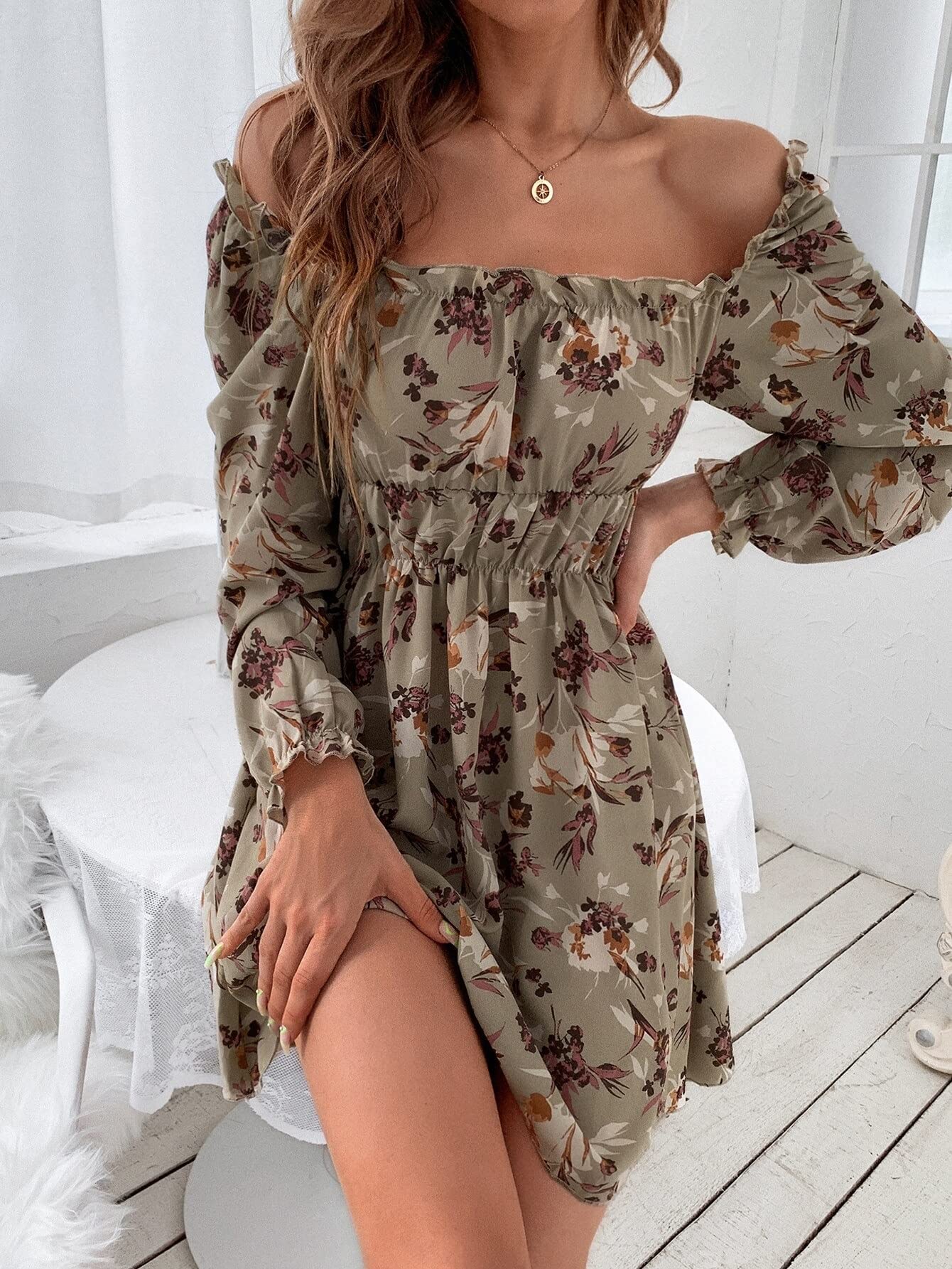 Women's Floral Print Off Shoulder Mini Dress - Long Sleeve Summer Spring Dress in Multicolor (XS) | Perfect for Beach Vacation, Date Night & Casual Outings
