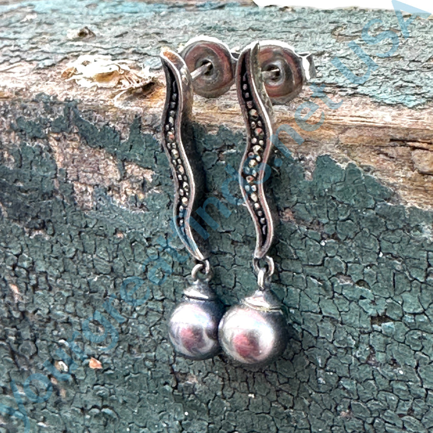 Sterling Silver Black Pearl Marcasite Stud Earrings for Women - Elegant Pierced Post Jewelry for Parties, Weddings & Special Occasions
