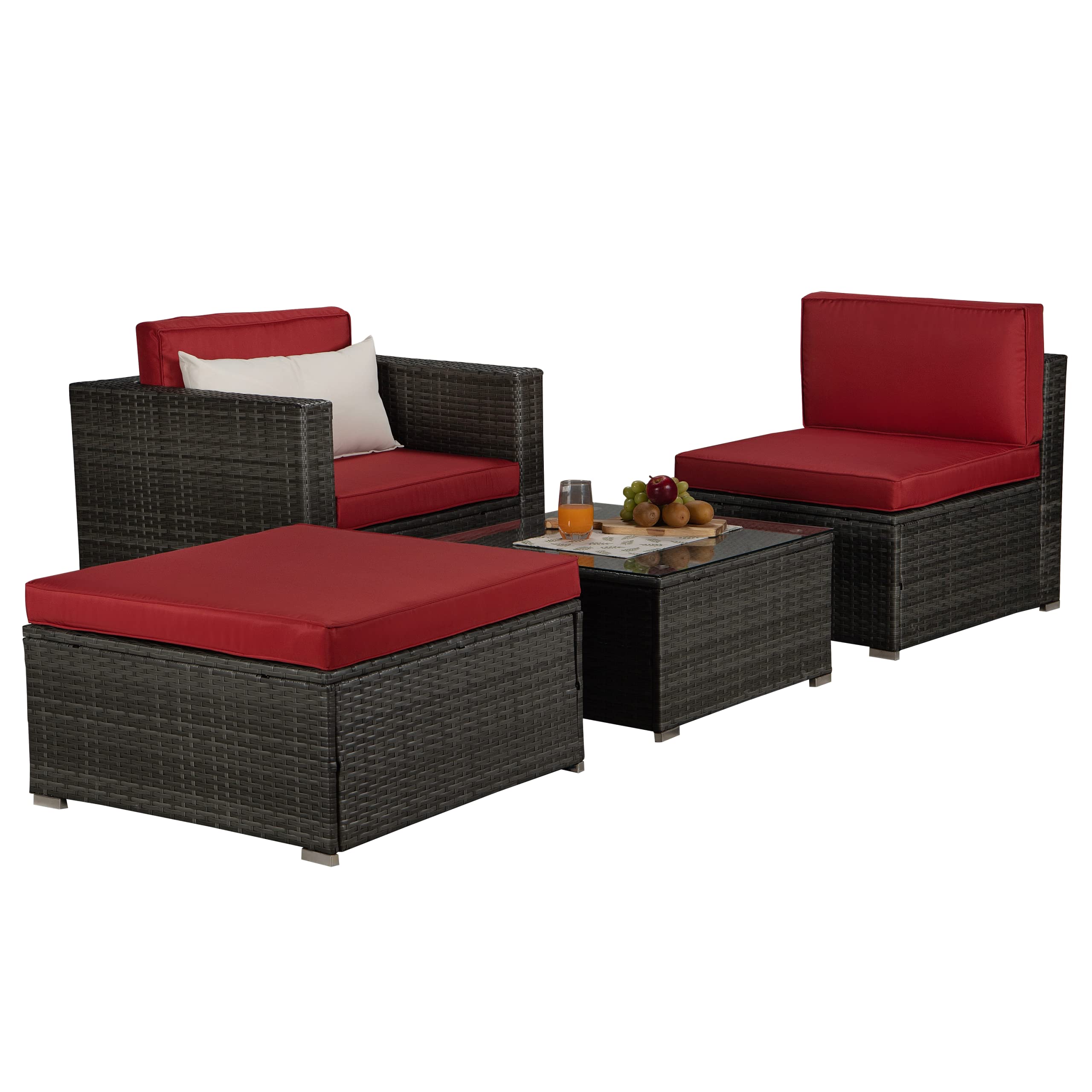Red Cushioned 4-Piece PE Rattan Wicker Patio Sofa Set with Beige Pillow - Outdoor Garden Furniture for Backyard, Poolside & Terrace Relaxation