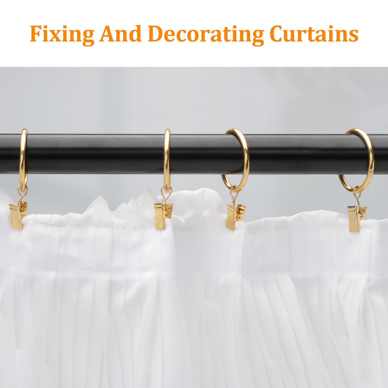 40 Pack Gold Metal Curtain Rings with Clips - 1.26 Inch Interior Diameter Drapery Hooks for Hanging Curtains & Drapes - Perfect for Living Room, Bedroom, and Home Decor