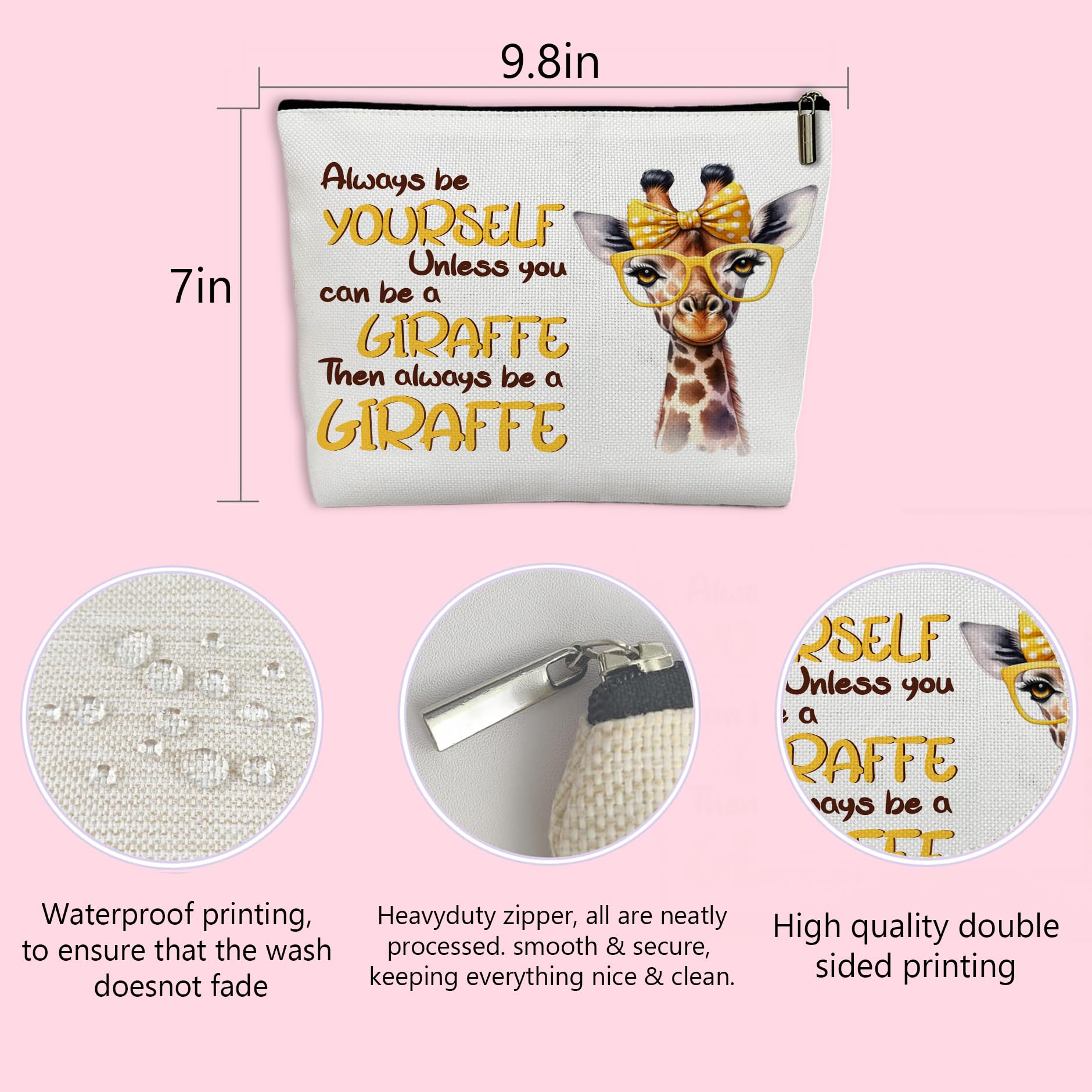 Giraffe Makeup Bag for Women - Cute Giraffe Cosmetic Pouch with Inspirational Quote 'Always Be Yourself Unless You Can Be a Giraffe' - Perfect Gift for Daughters & Giraffe Lovers - Great for Travel, School, or Daily Makeup Storage