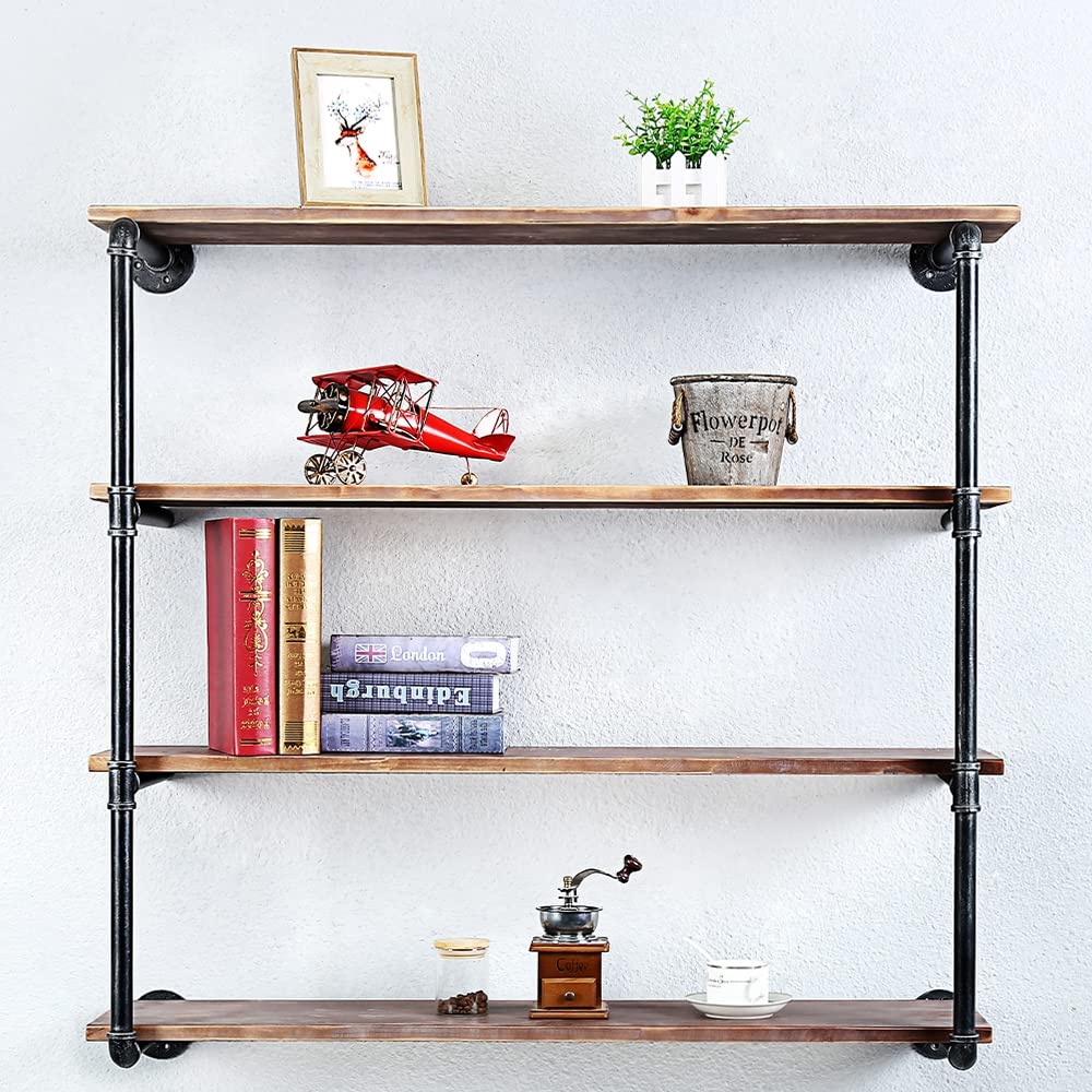 Industrial Pipe Floating Shelves with Wood Shelf - 4 Tier 42 Inch Wall Mounted Metal Book Shelves for Living Room, Bedroom & Office Storage