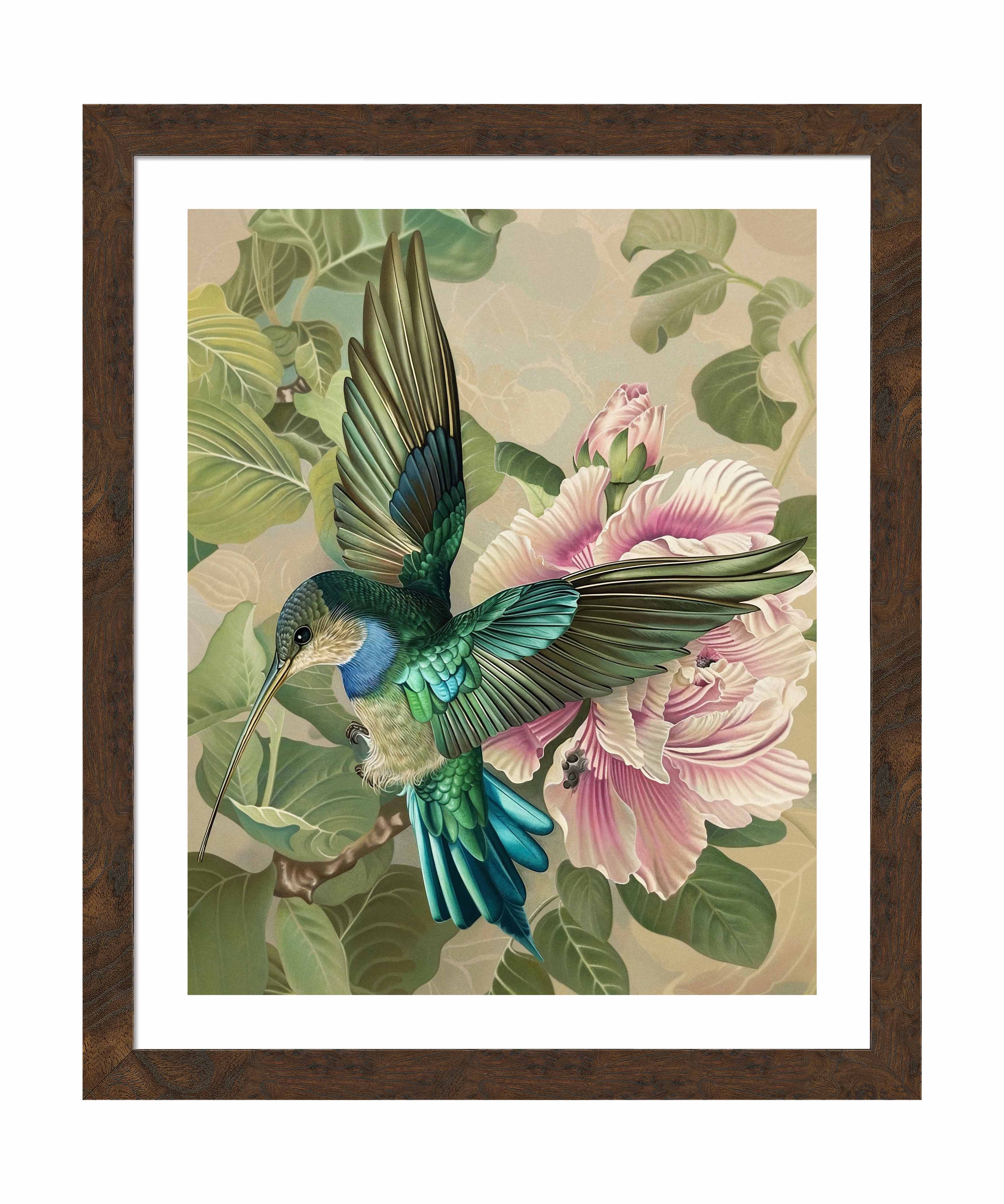 Emerald Flight Hummingbird Among Hibiscus Wall Art Print - Vibrant Tropical Home Decor for Living Room, Bedroom & Office