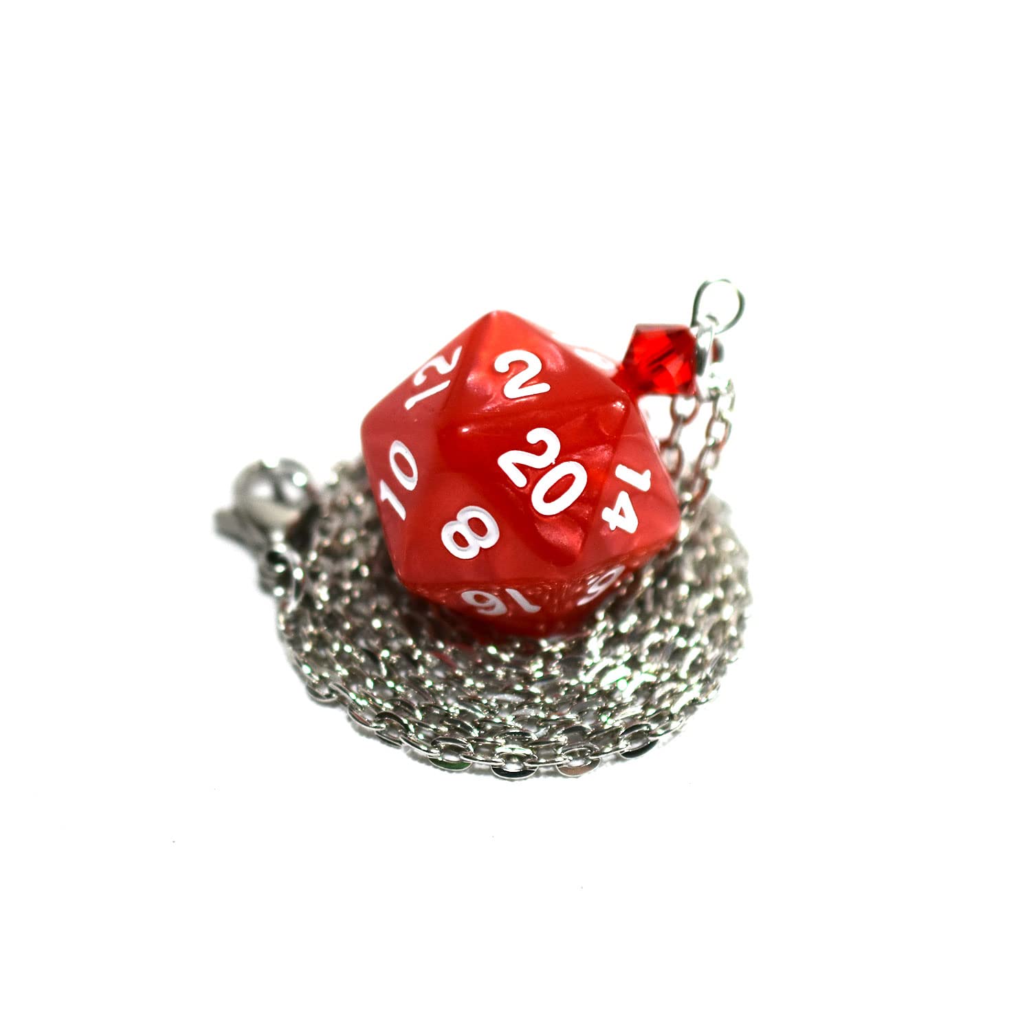20-Sided D20 Dice Necklace - Red & White Resin Pendant for D&D, RPG & Tabletop Gaming Gifts
