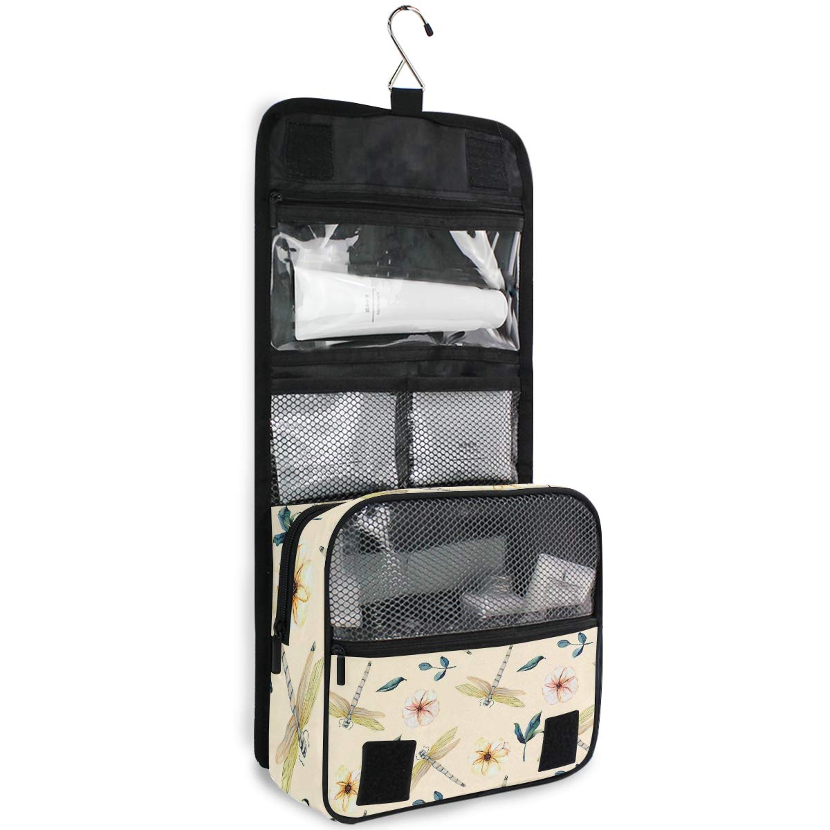 MOYYO Waterproof Hanging Toiletry Bag for Women - Pink Floral with Dragonfly Design, Travel Cosmetic Organizer, Makeup Pouch for Shower, Gym & Vacation | Perfect for College Girls, Business Trips & Camping Accessories