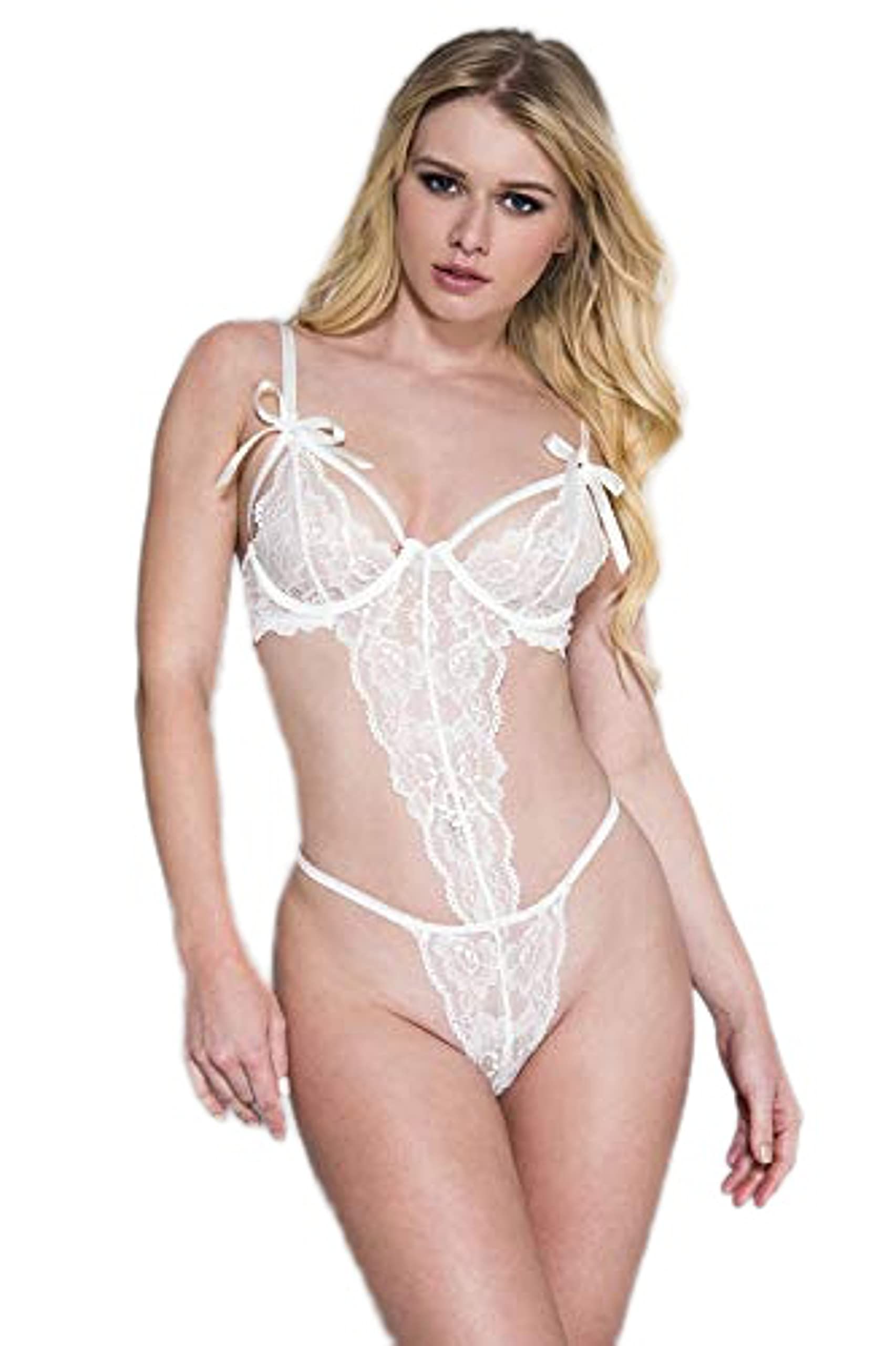 Sexy White Lace Teddy with Matching Handcuffs - Women's Lingerie Set for Valentine's Day, Bridal Shower & Romantic Nights
