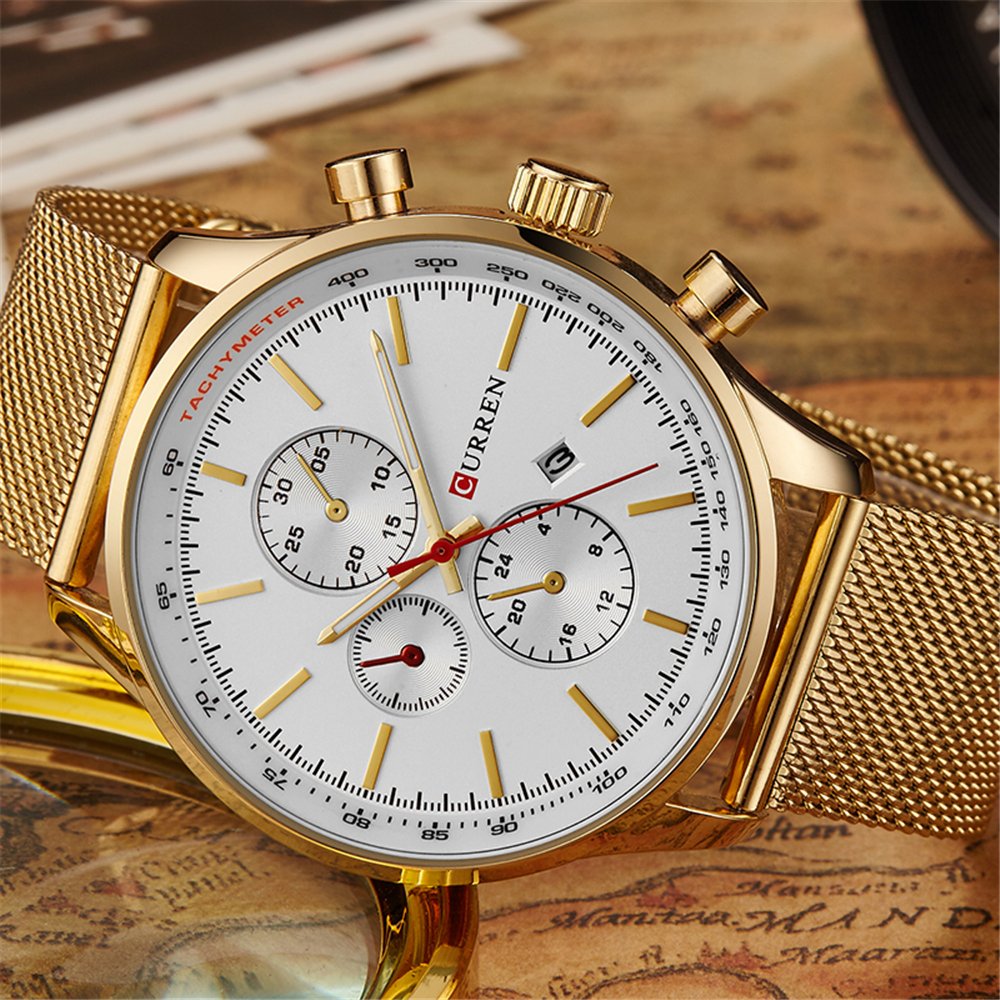 Luxury Men's Stainless Steel Quartz Watch - Waterproof Sport Wristwatch for Casual & Date (Gold/White)