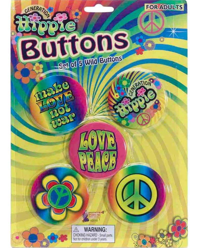Vintage 60s Hippie Badge Set of 5 - Peace Love Flower Power Retro Pins for Jackets, Bags & Festival Accessories - Perfect for Woodstock Theme Parties & 1960s Costume Events