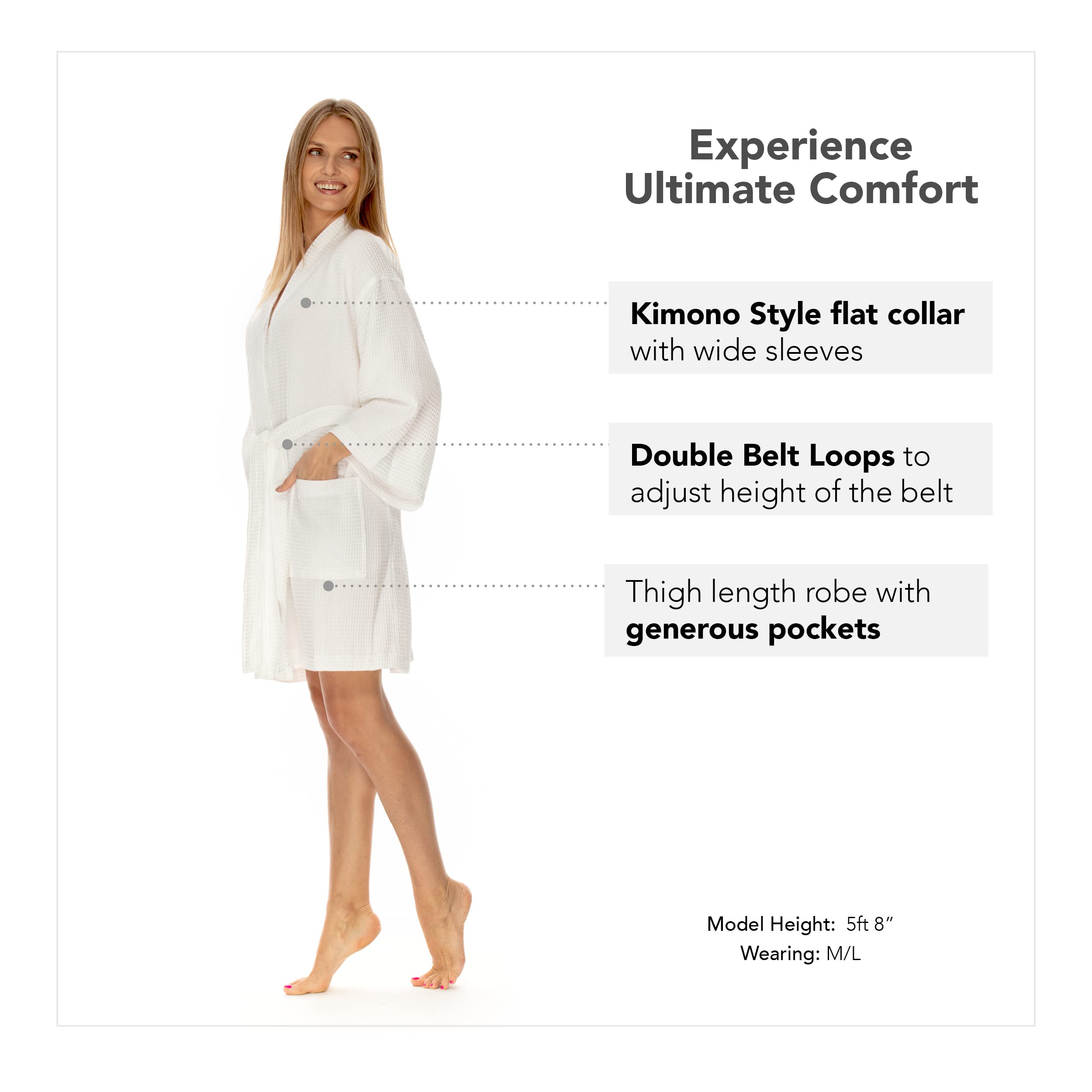 Boca Terry Women's Waffle Robe - Knee Length Lightweight Kimono Bathrobe for Spa, Lounge & Home Relaxation